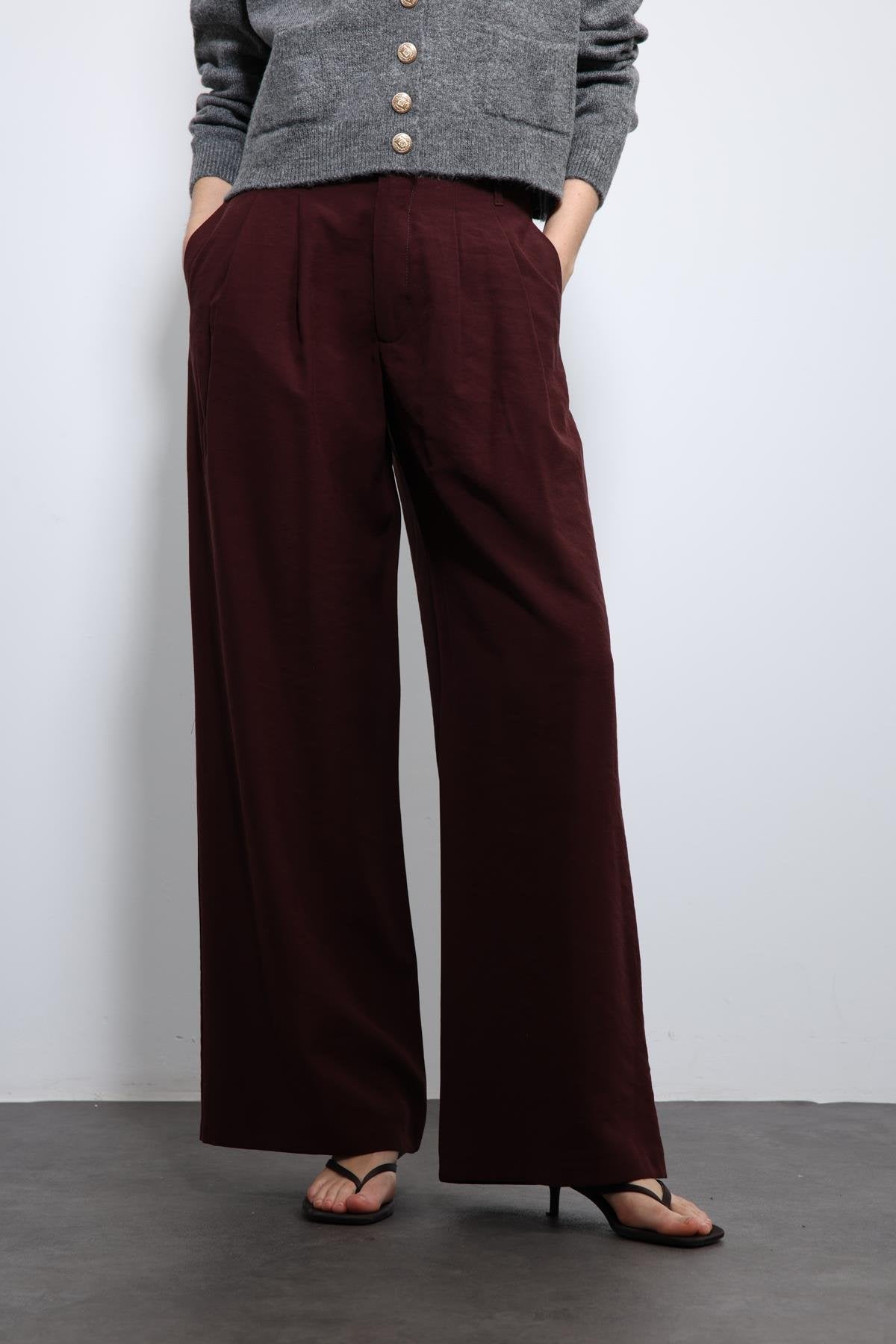 Antioch-Bordo Bel Lastikli Pileli Kadın Pantolon-Kumaş Pantolon-2-Milagron.com