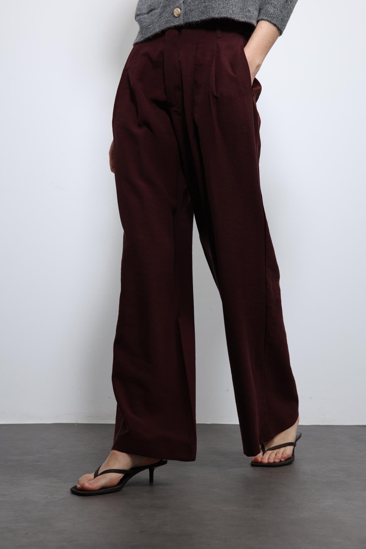 Antioch-Bordo Bel Lastikli Pileli Kadın Pantolon-Kumaş Pantolon-4-Milagron.com