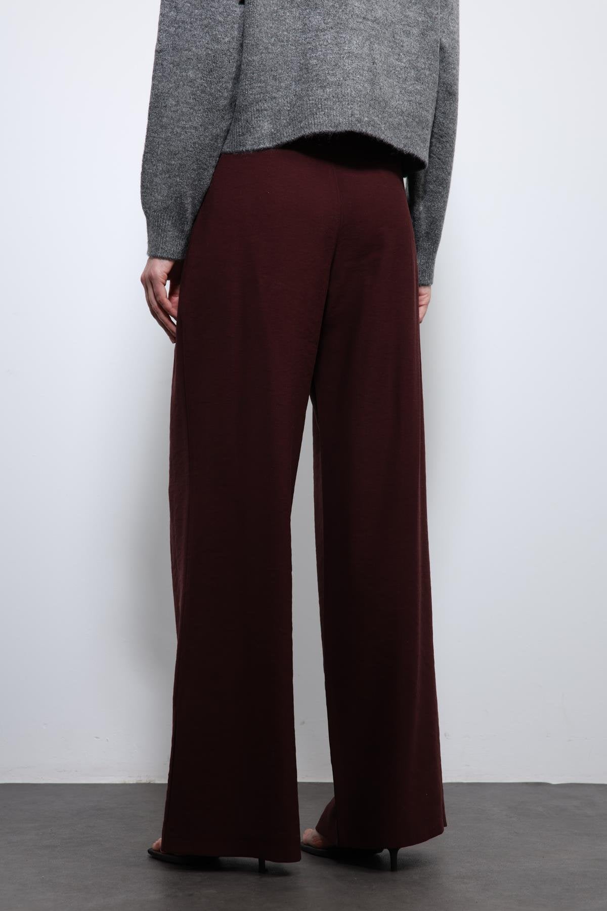 Antioch-Bordo Bel Lastikli Pileli Kadın Pantolon-Kumaş Pantolon-6-Milagron.com