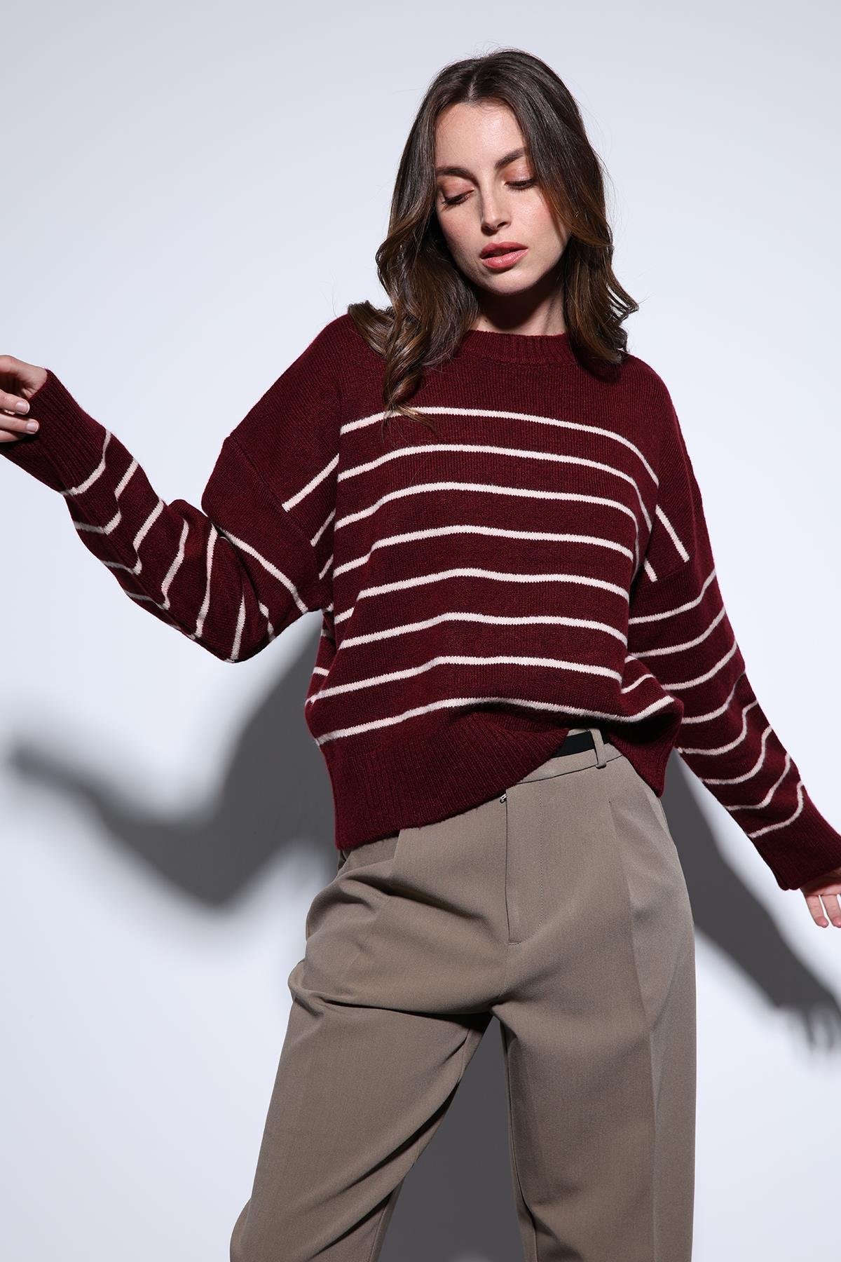 Antioch-Antioch Bordo çizgili Triko Kazak-Kazak-1-Milagron.com