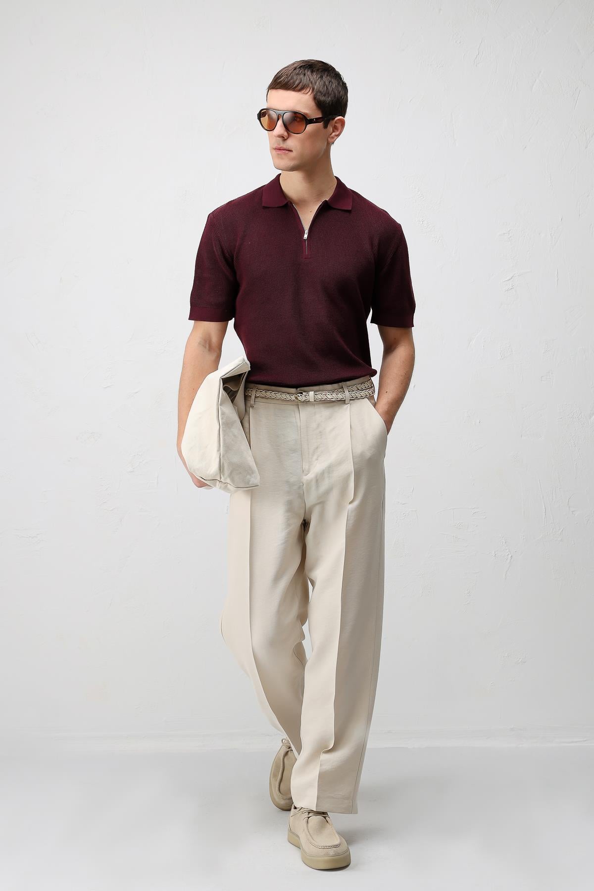 Antioch Bordo Comfort Slim Fermuarlı Erkek Triko T-Shirt