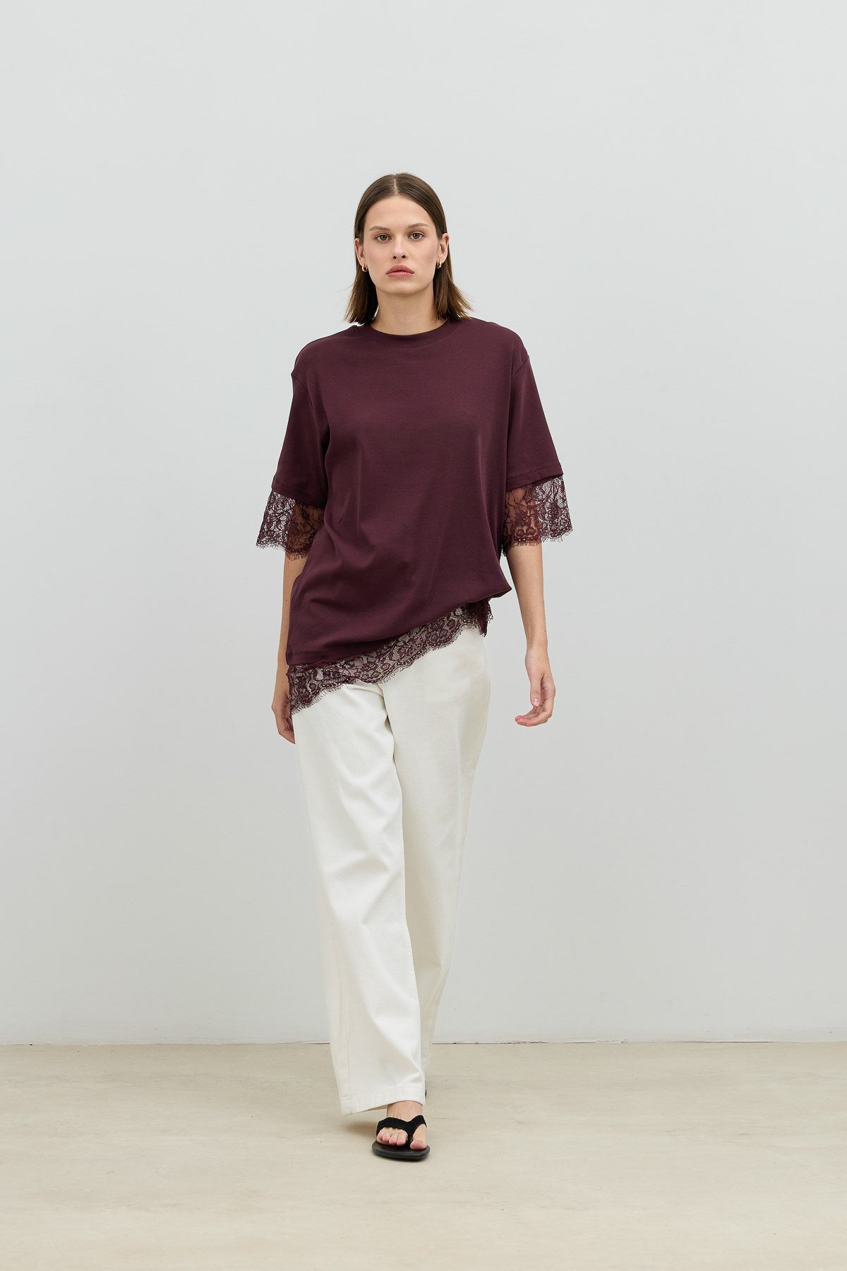 Antioch Bordo Dantel Detaylı Kadın T-Shirt