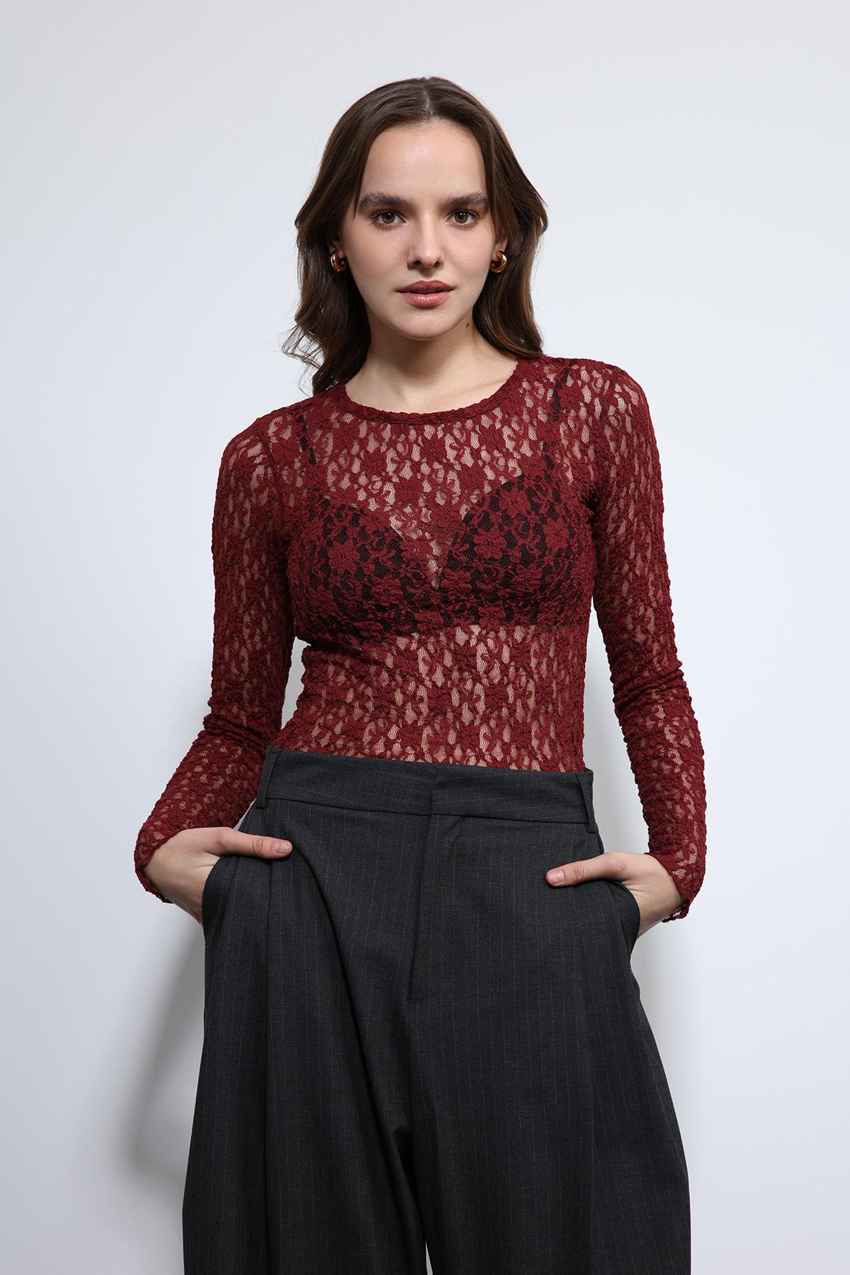 Antioch-Bordo Dantel Detaylı Transparan Bluz-Bluz-5-Milagron.com