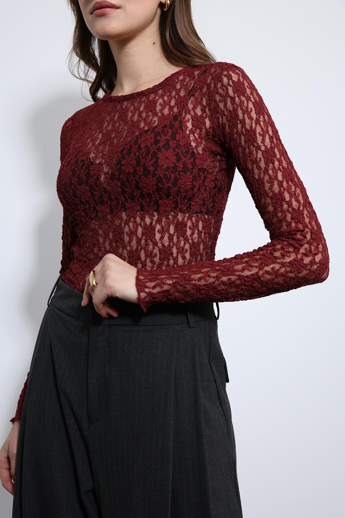 Antioch-Bordo Dantel Detaylı Transparan Bluz-Bluz-6-Milagron.com