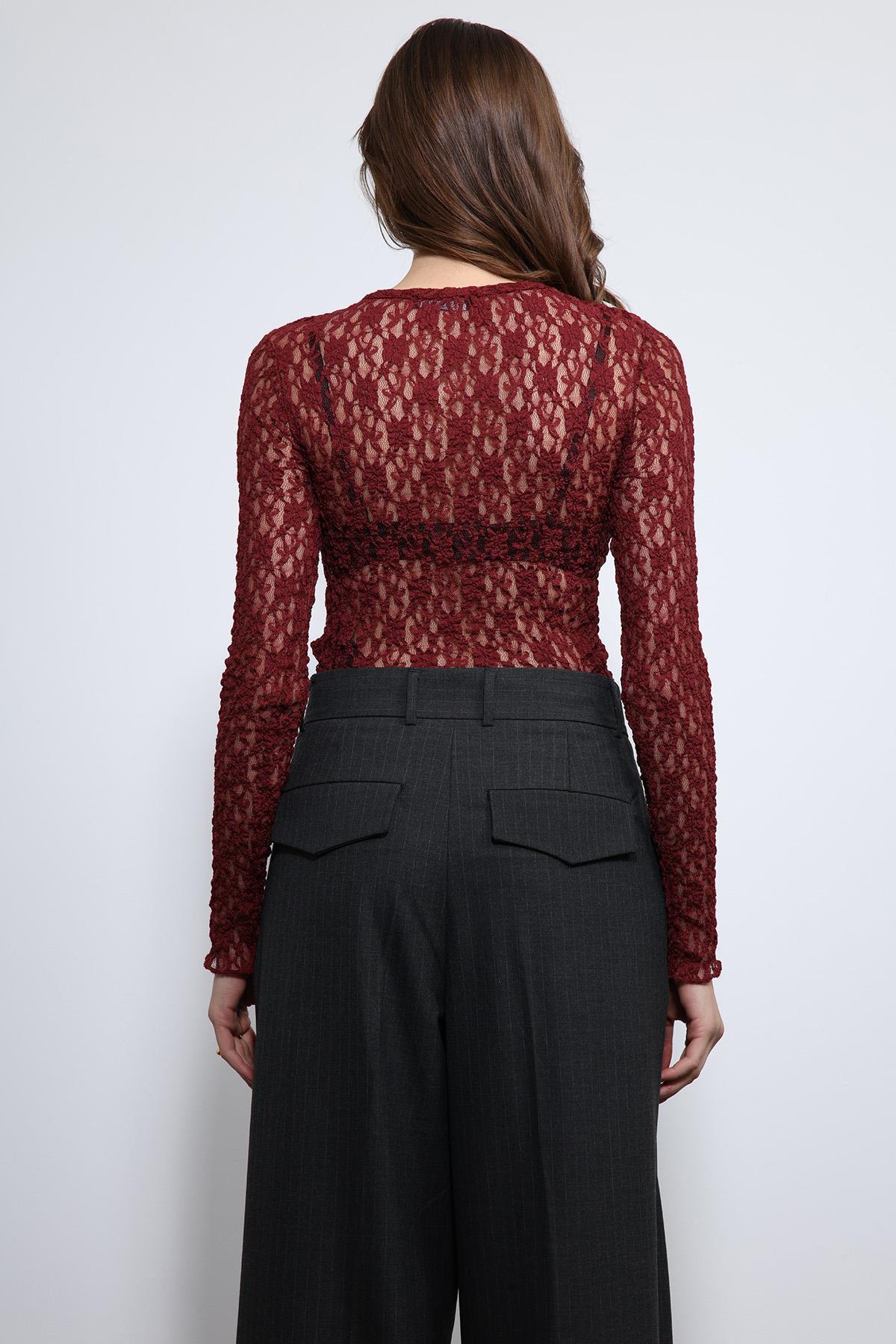 Antioch-Bordo Dantel Detaylı Transparan Bluz-Bluz-7-Milagron.com