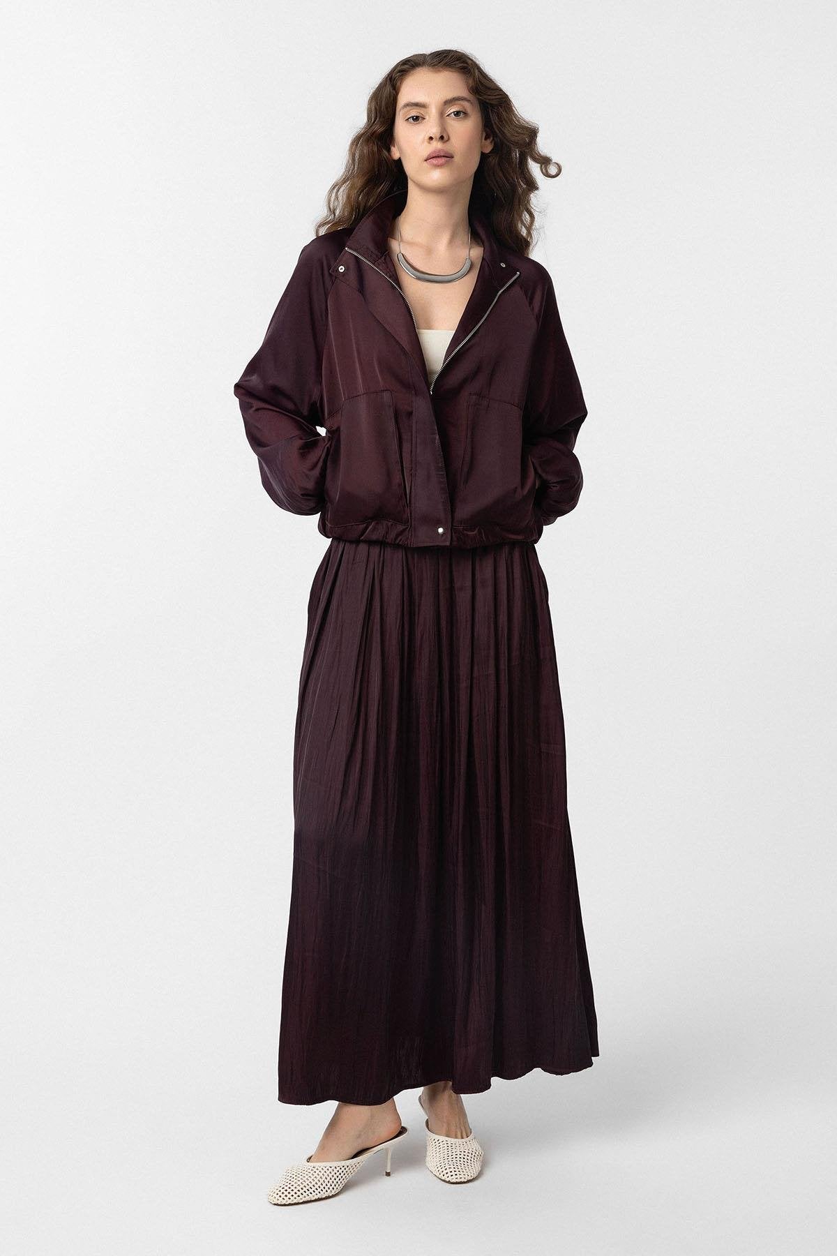 Antioch-Bordo Dik Yaka İnce Kadın Bomber Ceket-Ceket-2-Milagron.com