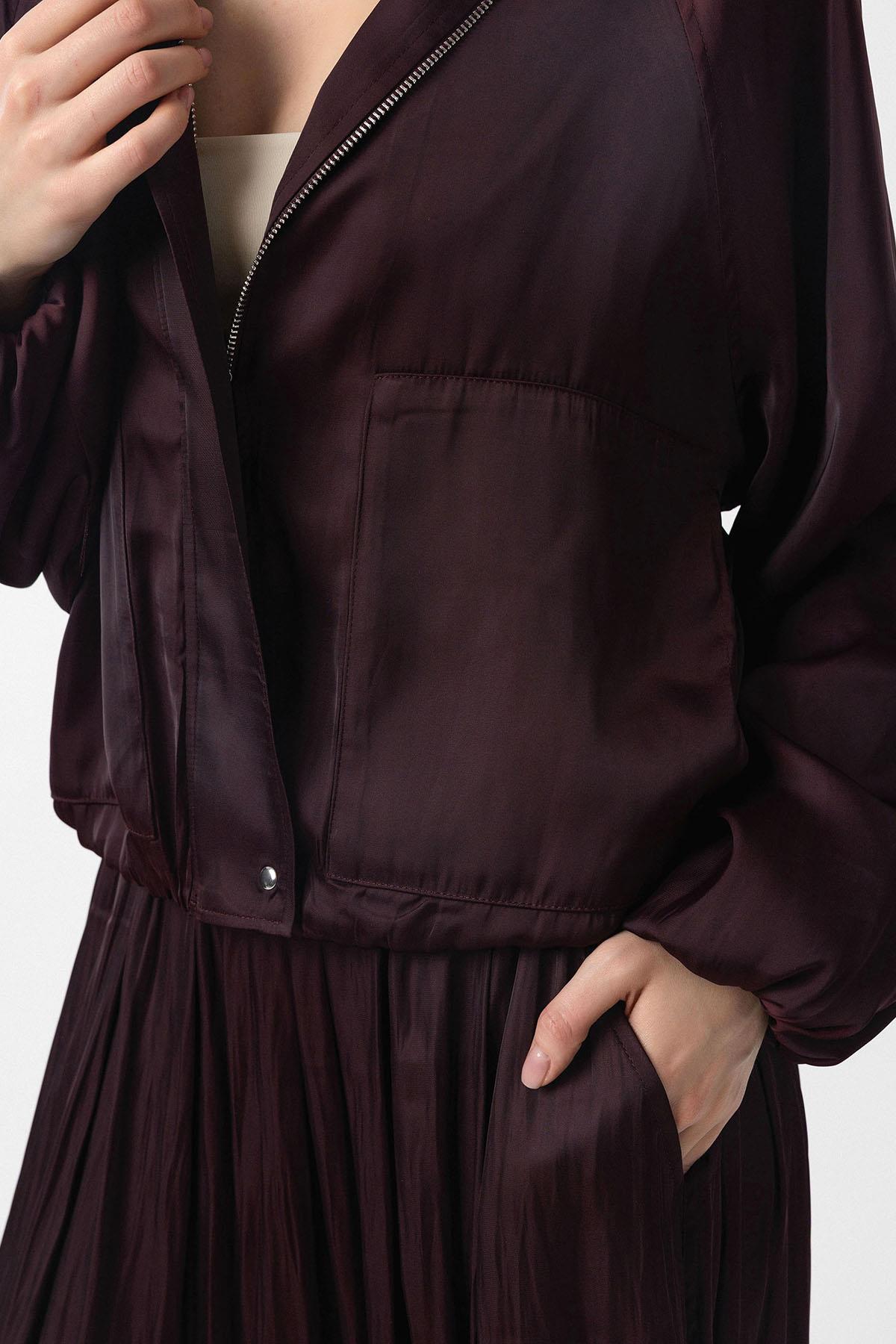 Antioch-Bordo Dik Yaka İnce Kadın Bomber Ceket-Ceket-3-Milagron.com