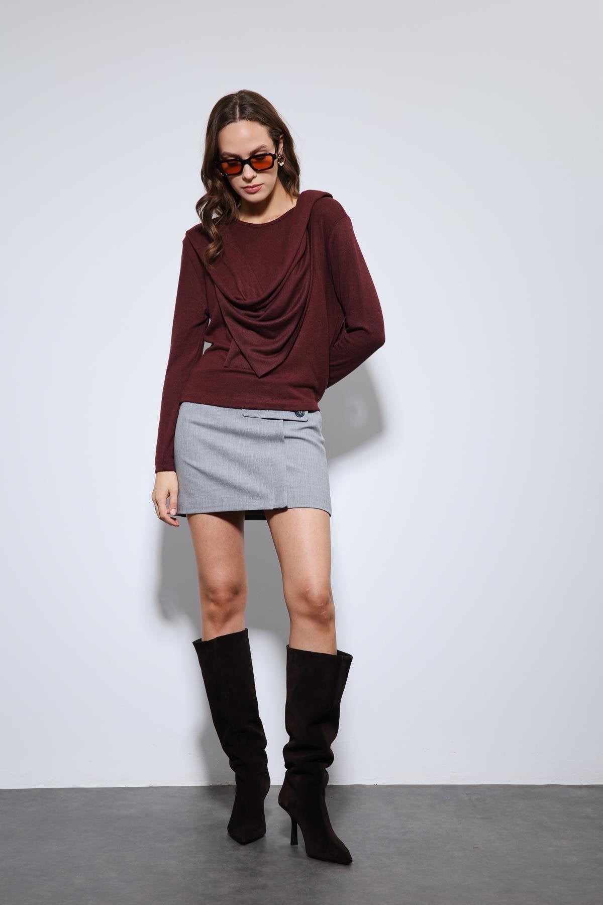 Antioch-Bordo Drapeli şal Detaylı Top-Top-2-Milagron.com