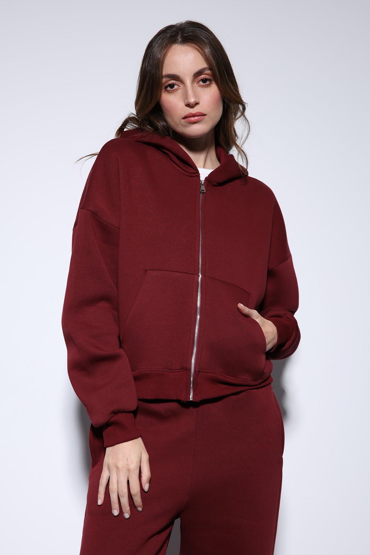 Antioch-Bordo Fermuarlı Kapüşanlı Kadın Sweatshirt-Sweatshirt-4-Milagron.com