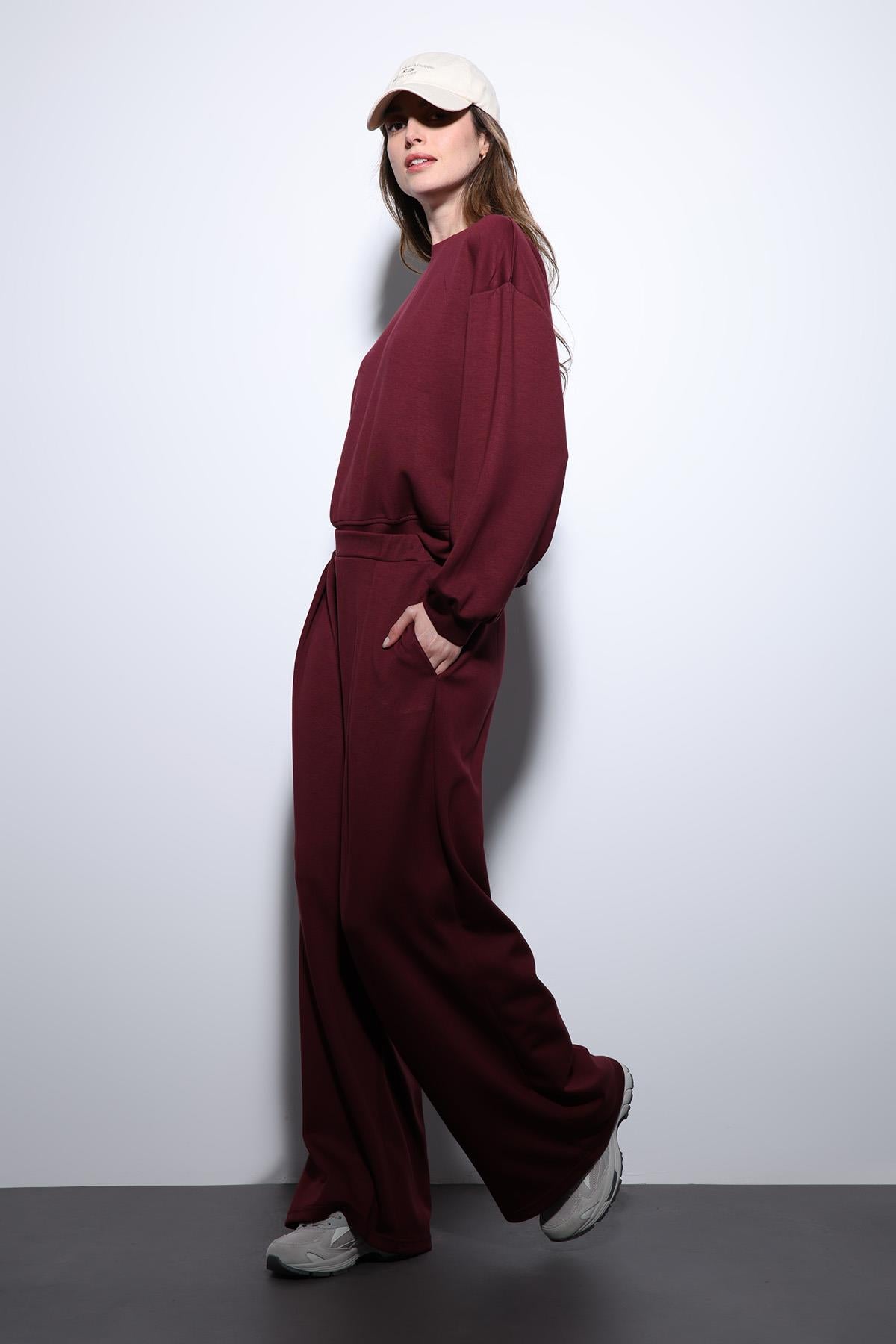 Antioch-Bordo Geniş Paça Relaxed Kadın Takım-Takım-4-Milagron.com