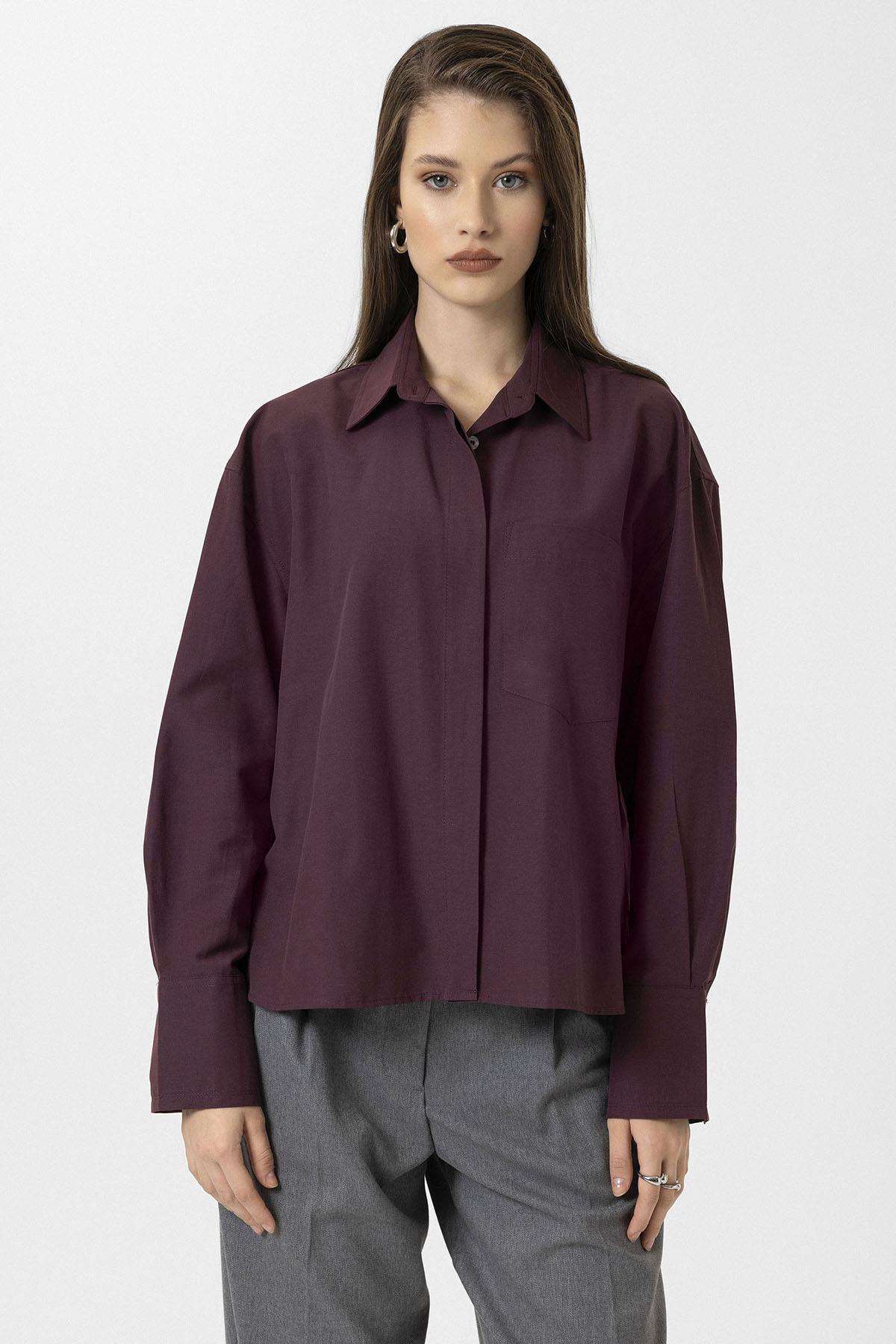 Antioch-Bordo Kadın Basic Poplin Gömlek-Gömlek-1-Milagron.com