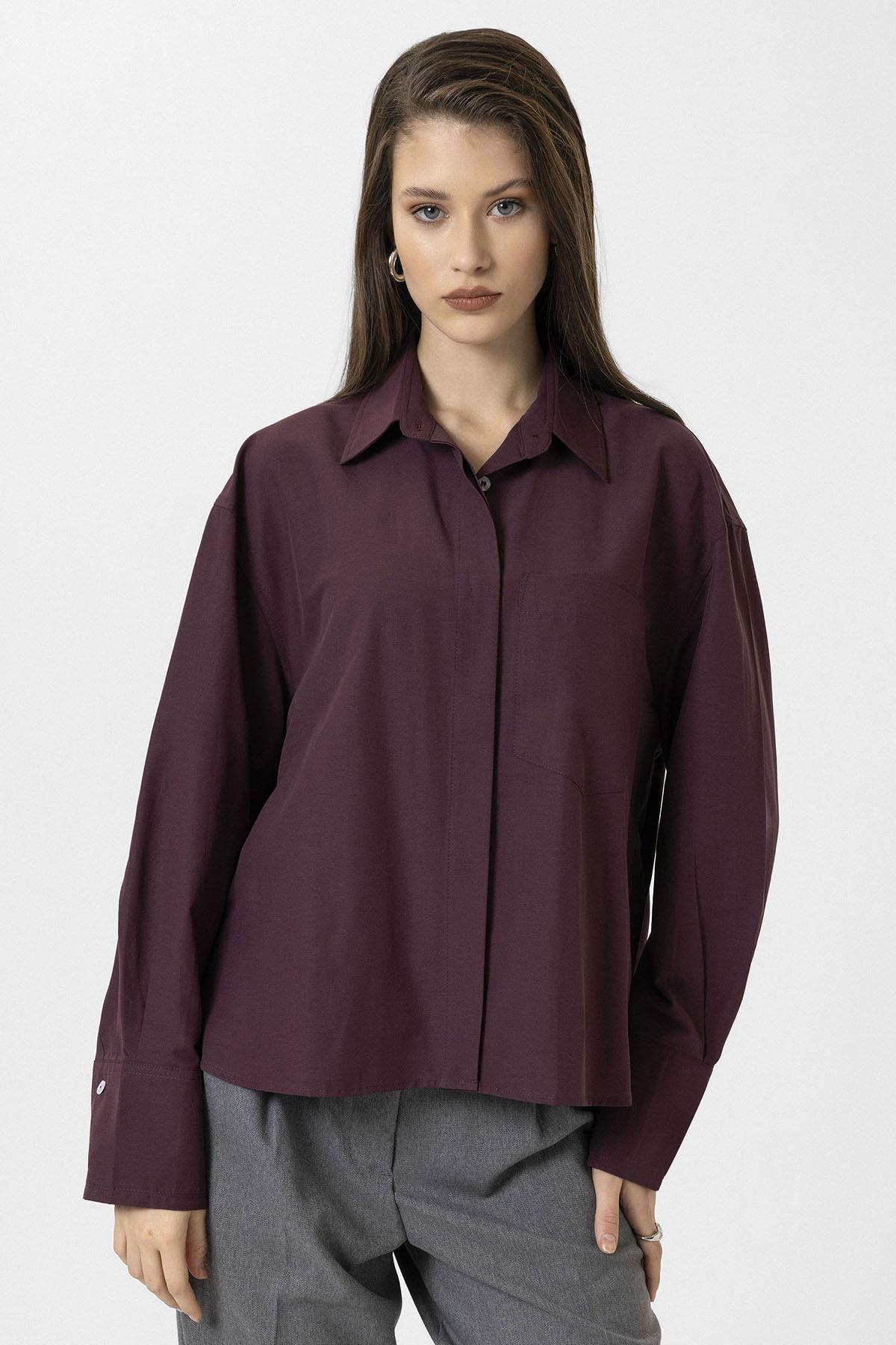 Antioch-Bordo Kadın Basic Poplin Gömlek-Gömlek-3-Milagron.com