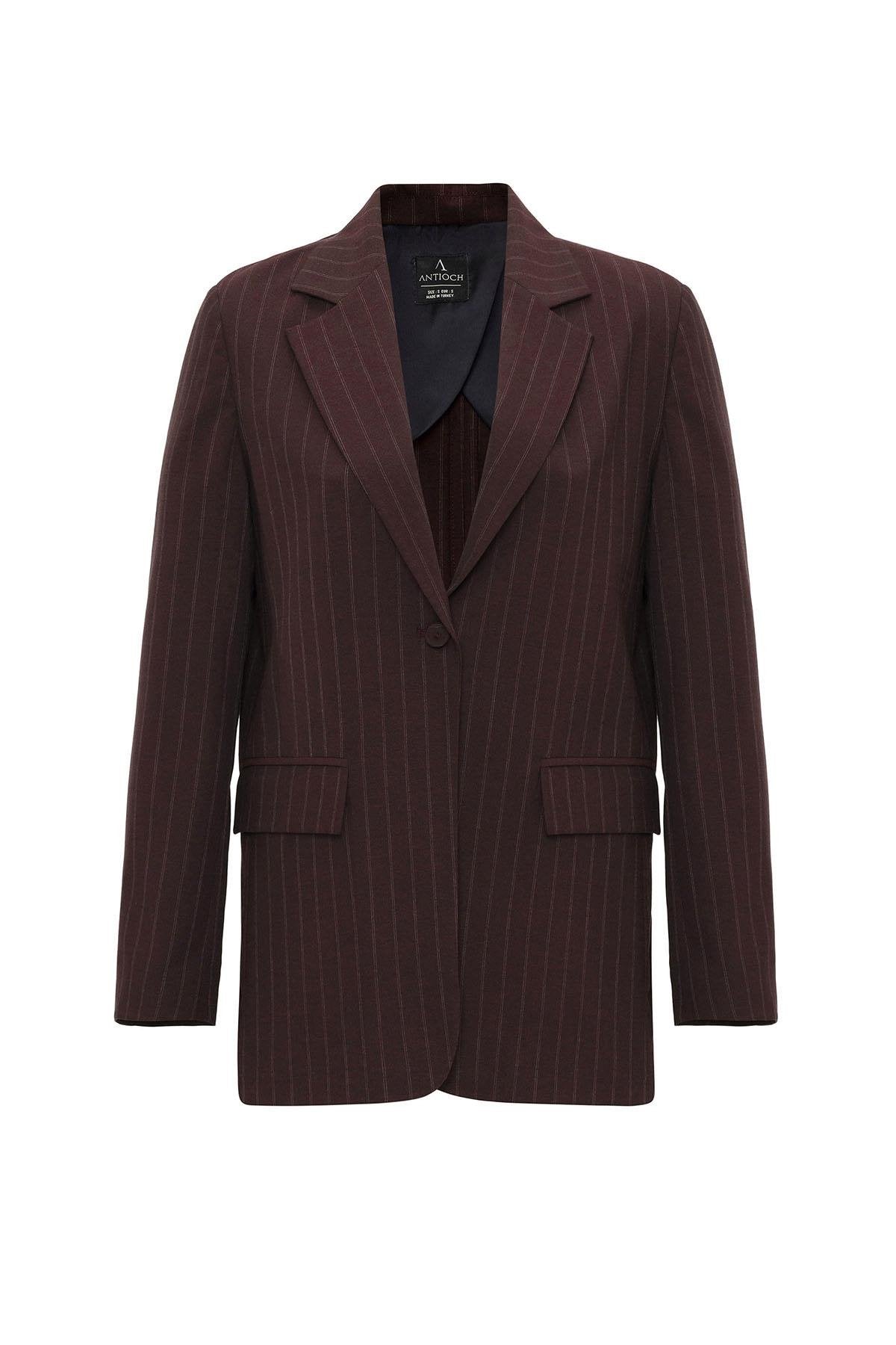 Antioch-Bordo Kadın Tek Düğme Çizgili Blazer Ceket-Ceket-8-Milagron.com