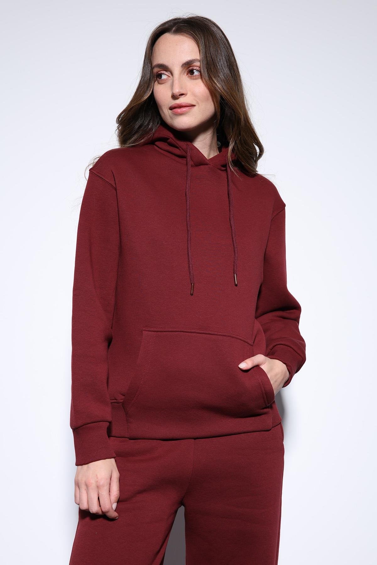 Antioch-Bordo Kapüşonlu Basic Kadın Sweatshirt-Sweatshirt-3-Milagron.com
