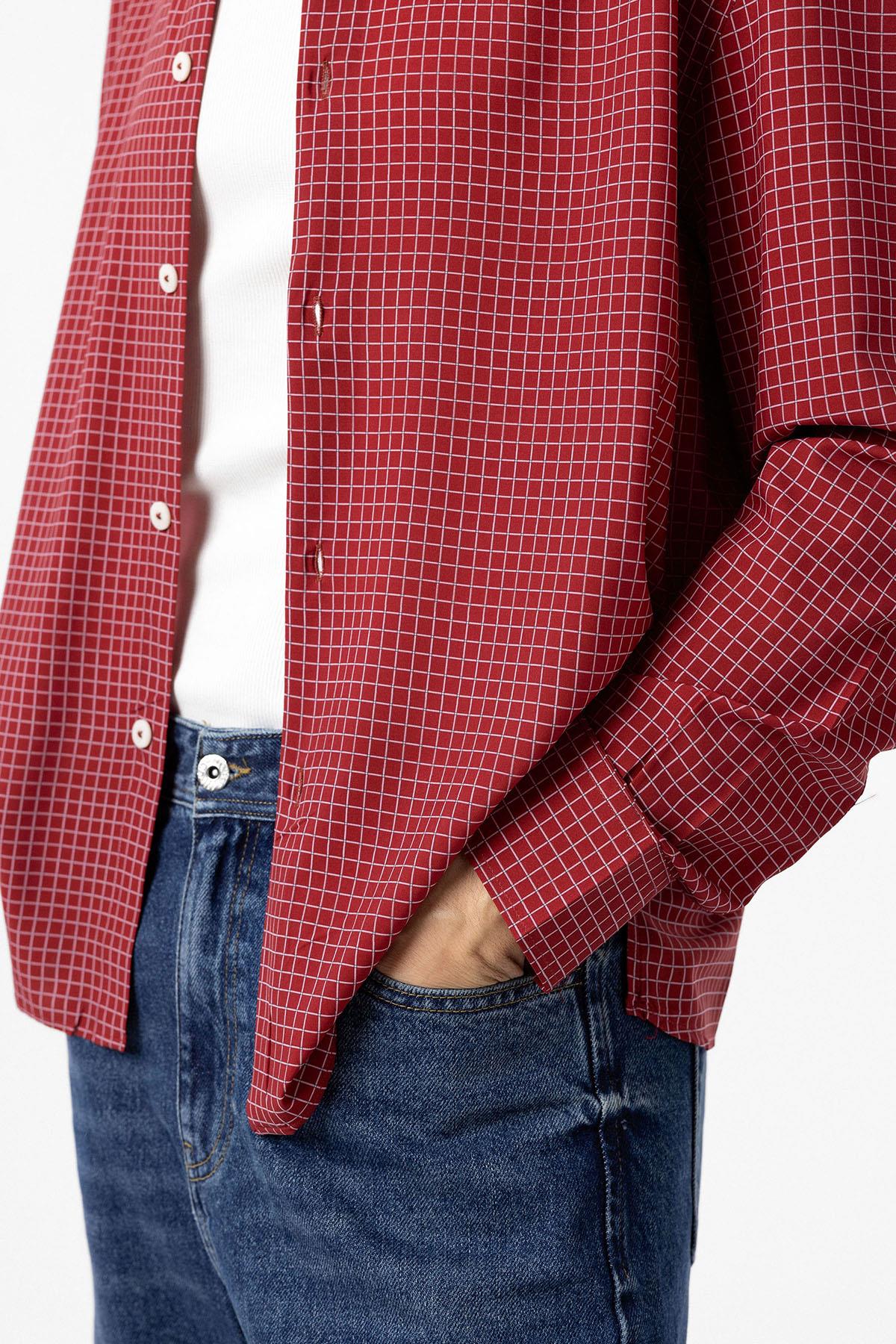 Antioch-Bordo Kareli Erkek Rahat Kalıp Erkek Gömlek-Gömlek-4-Milagron.com