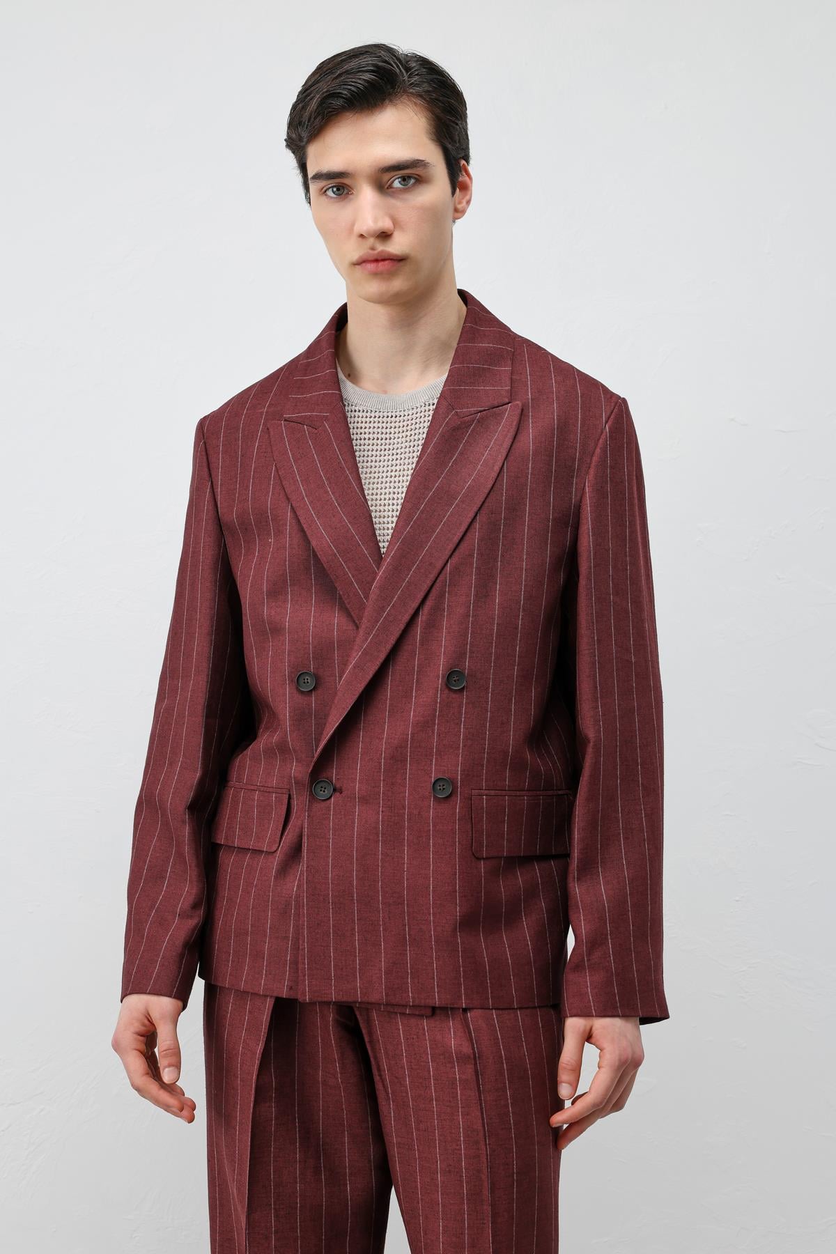 Antioch Bordo Keten Karışımlı Çizgili Erkek Blazer Ceket