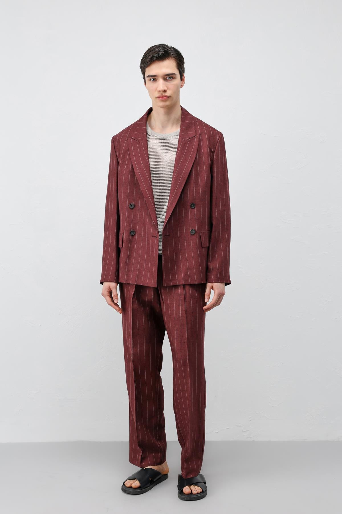Antioch Bordo Keten Karışımlı Çizgili Erkek Blazer Ceket