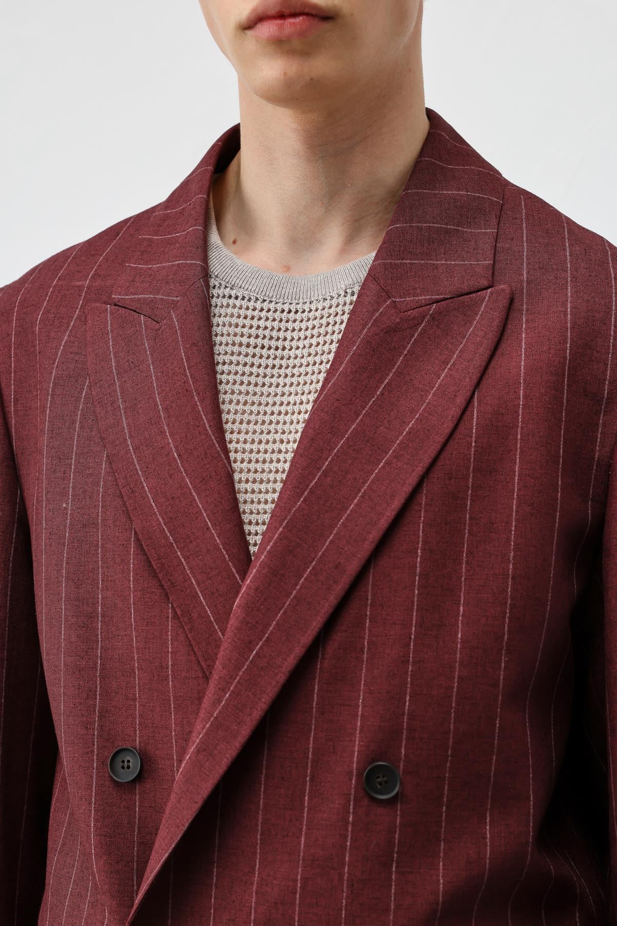 Antioch Bordo Keten Karışımlı Çizgili Erkek Blazer Ceket