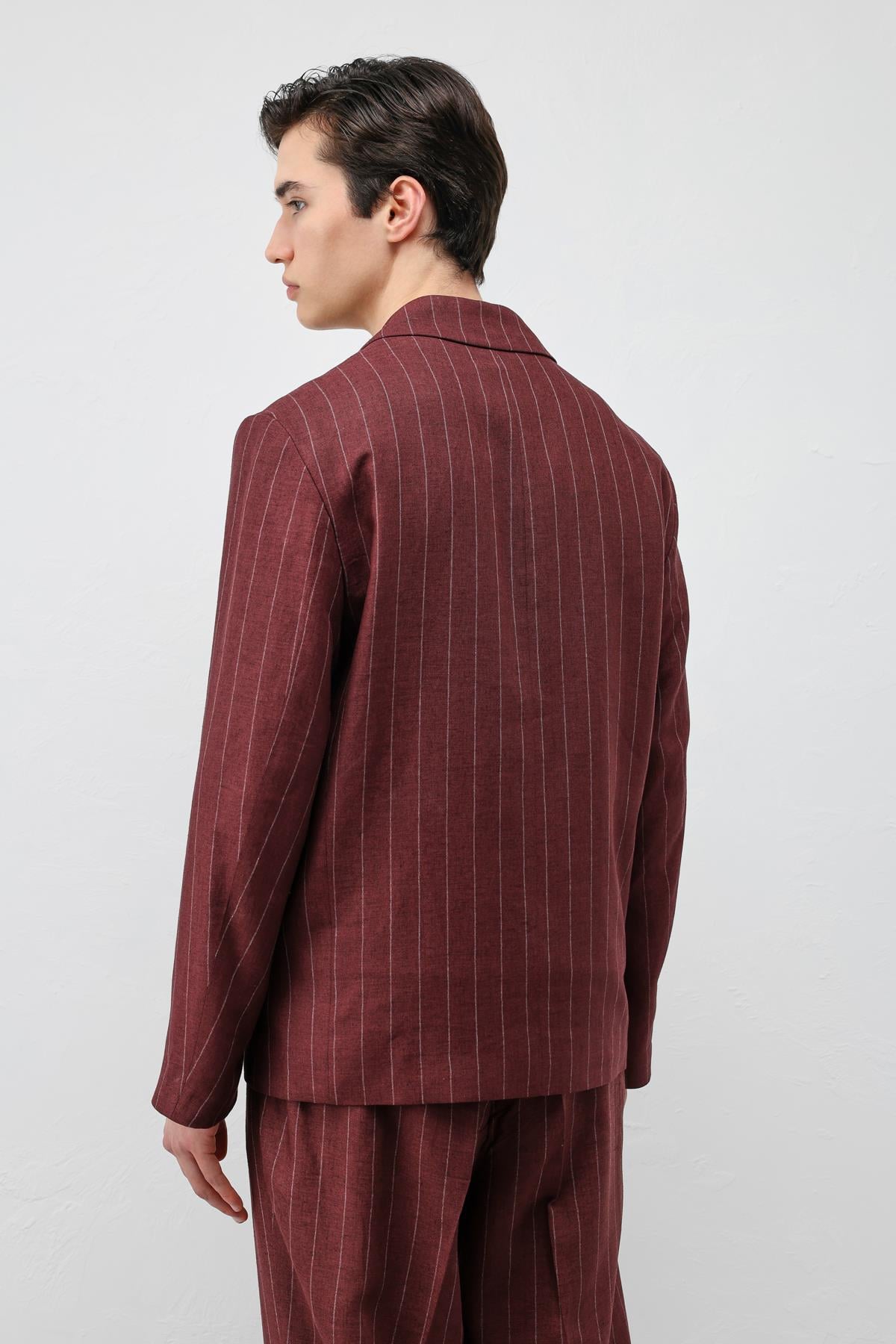 Antioch Bordo Keten Karışımlı Çizgili Erkek Blazer Ceket