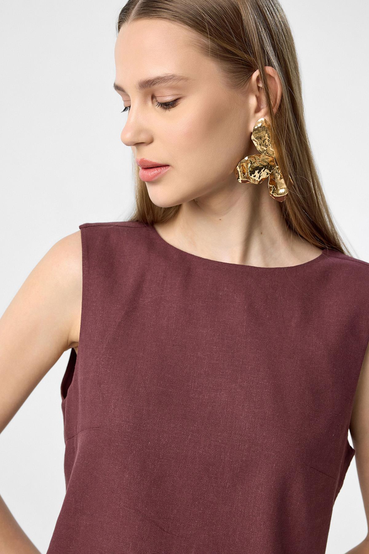 Antioch-Bordo Keten Karışımlı Kadın Bluz-Bluz-3-Milagron.com