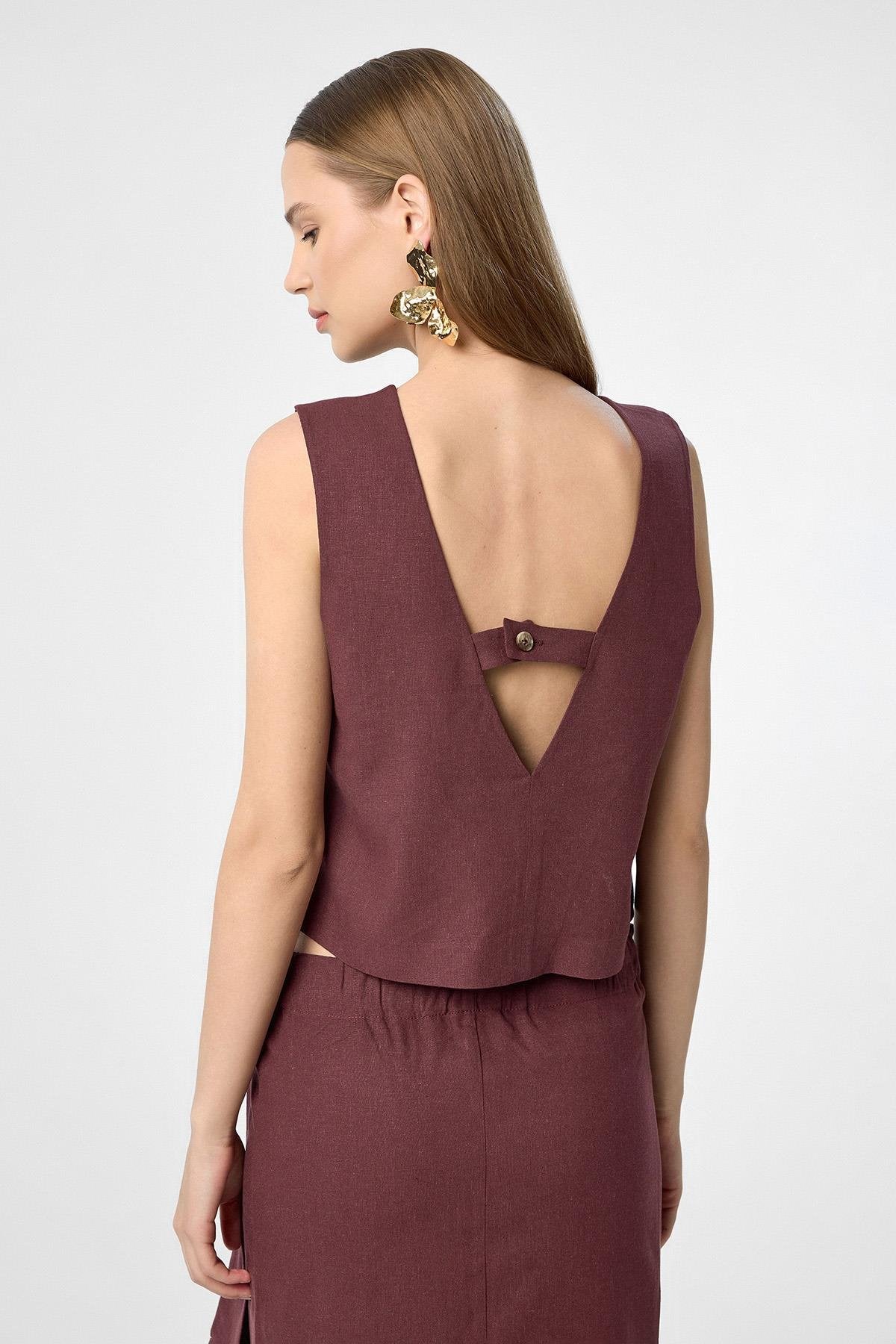 Antioch-Bordo Keten Karışımlı Kadın Bluz-Bluz-4-Milagron.com