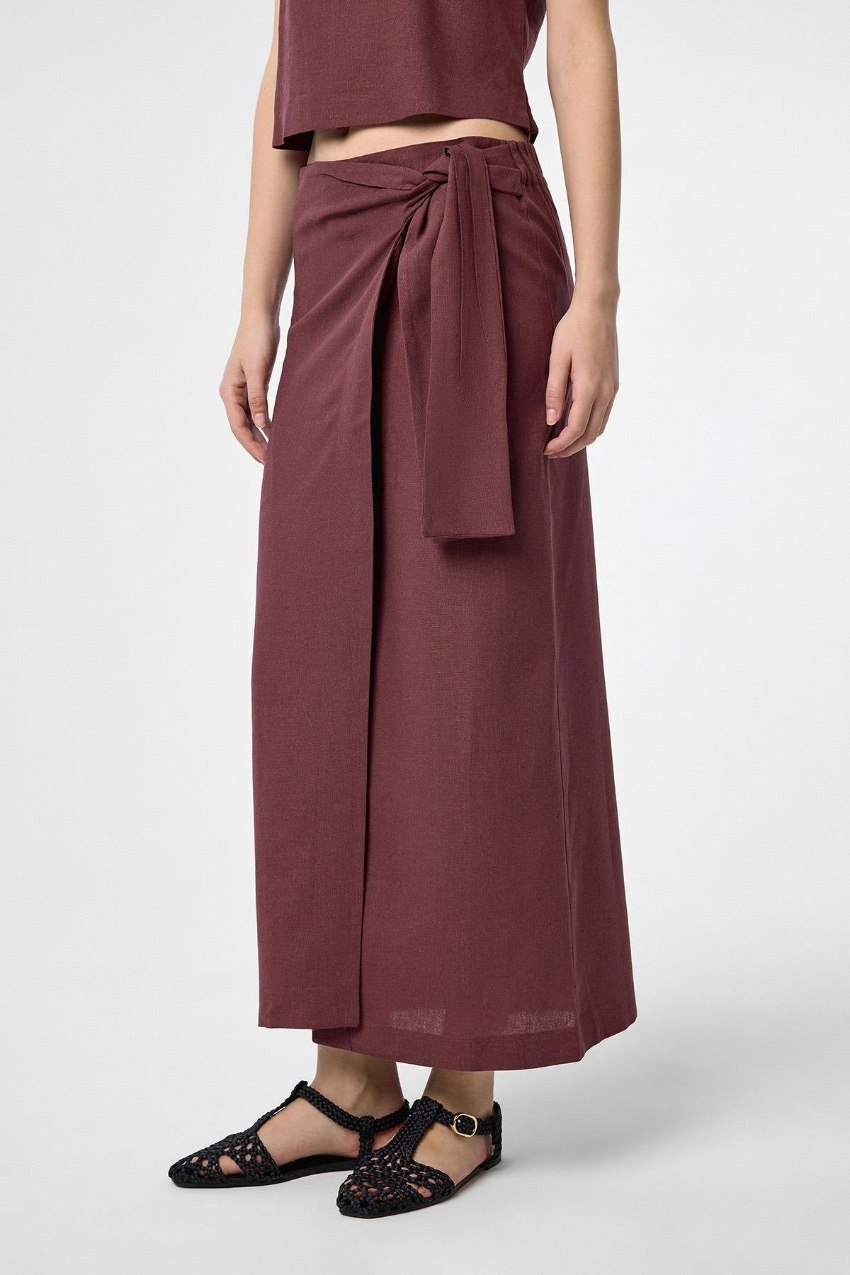 Antioch-Bordo Keten Karışımlı Kuşaklı Kadın Etek-Etek-1-Milagron.com