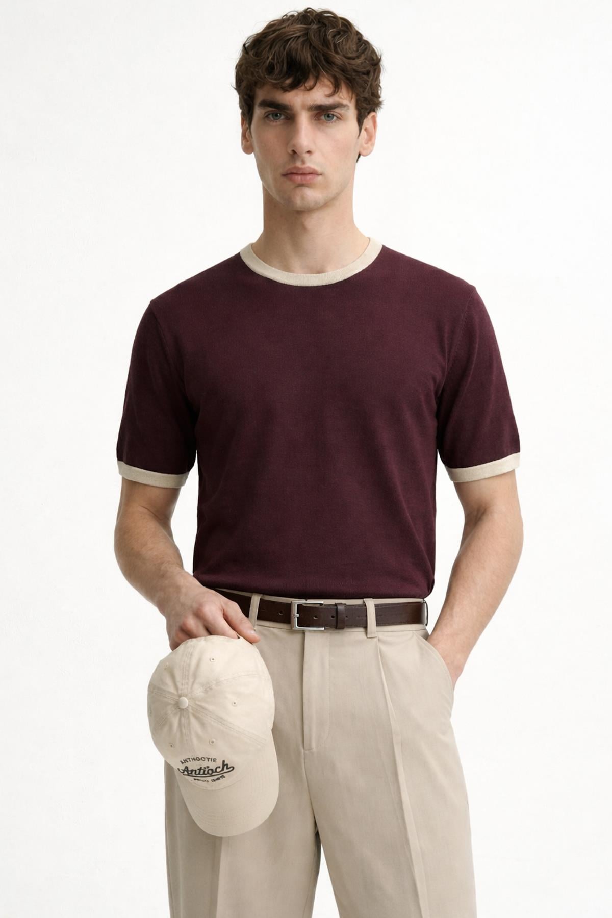 Antioch Bordo Kontrast Yaka Erkek T-Shirt