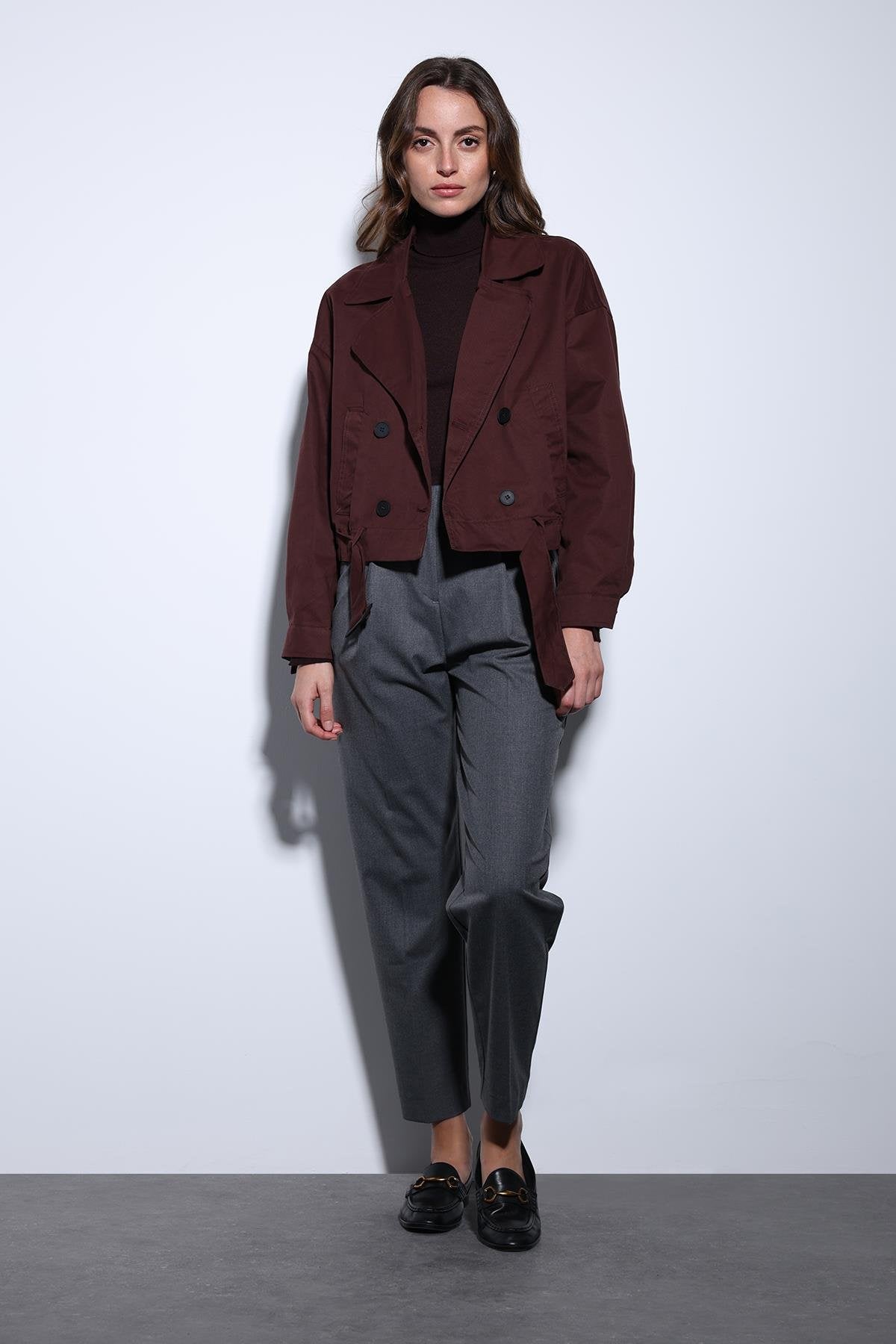 Antioch-Antioch Bordo Kruvaze Kısa Kadın Trençkot-Trençkot-3-Milagron.com