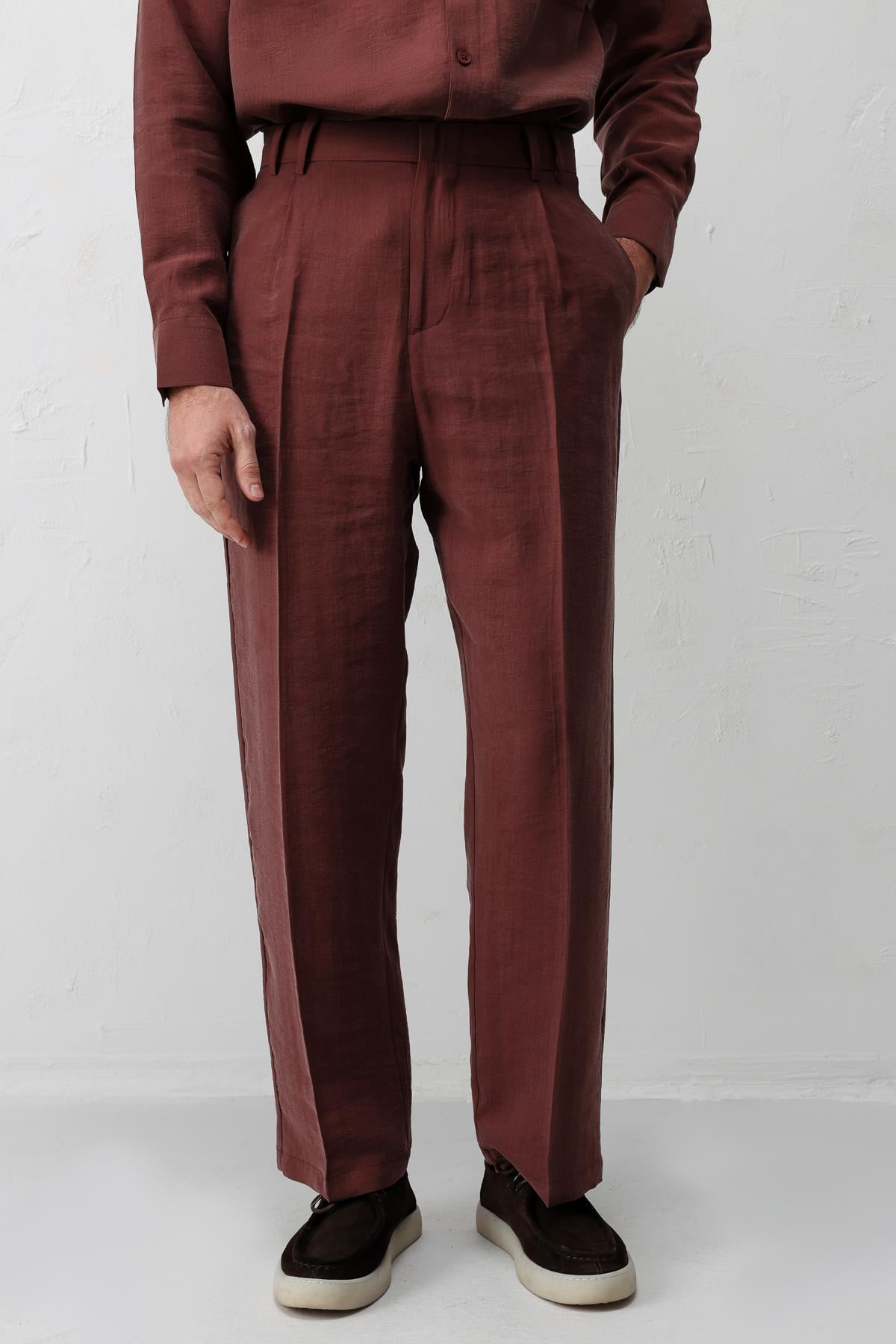Antioch Bordo Lyocell Relaxed Fit Pileli Erkek Pantolon