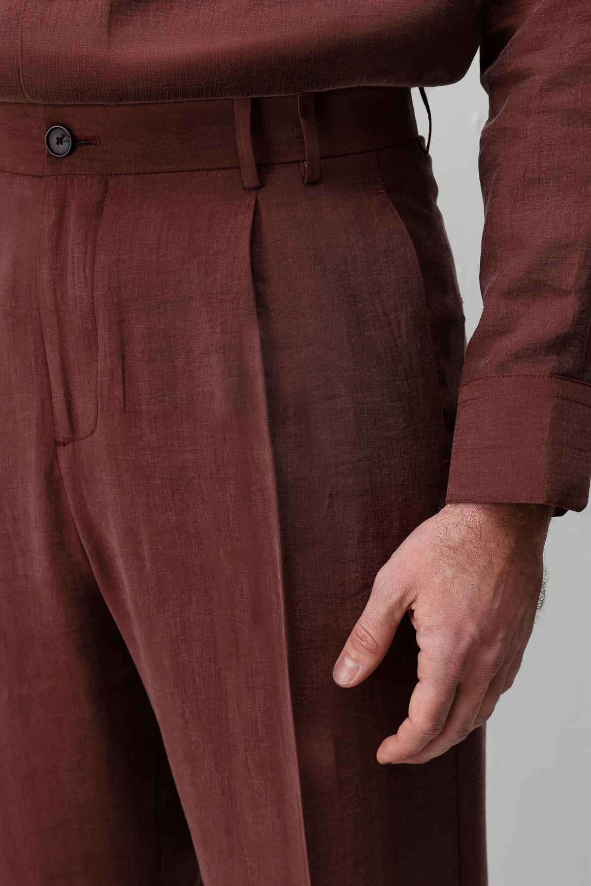 Antioch Bordo Lyocell Relaxed Fit Pileli Erkek Pantolon