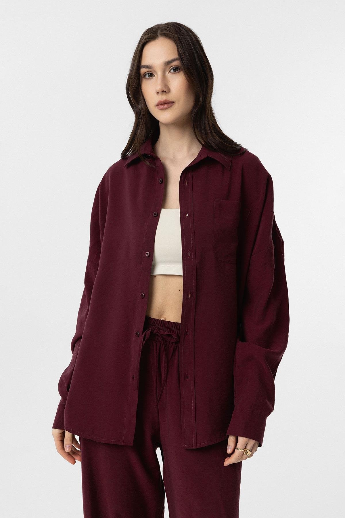 Antioch-Bordo Modal Kadın Gömlek Pantolon Takım-Alt - Üst Takım-2-Milagron.com