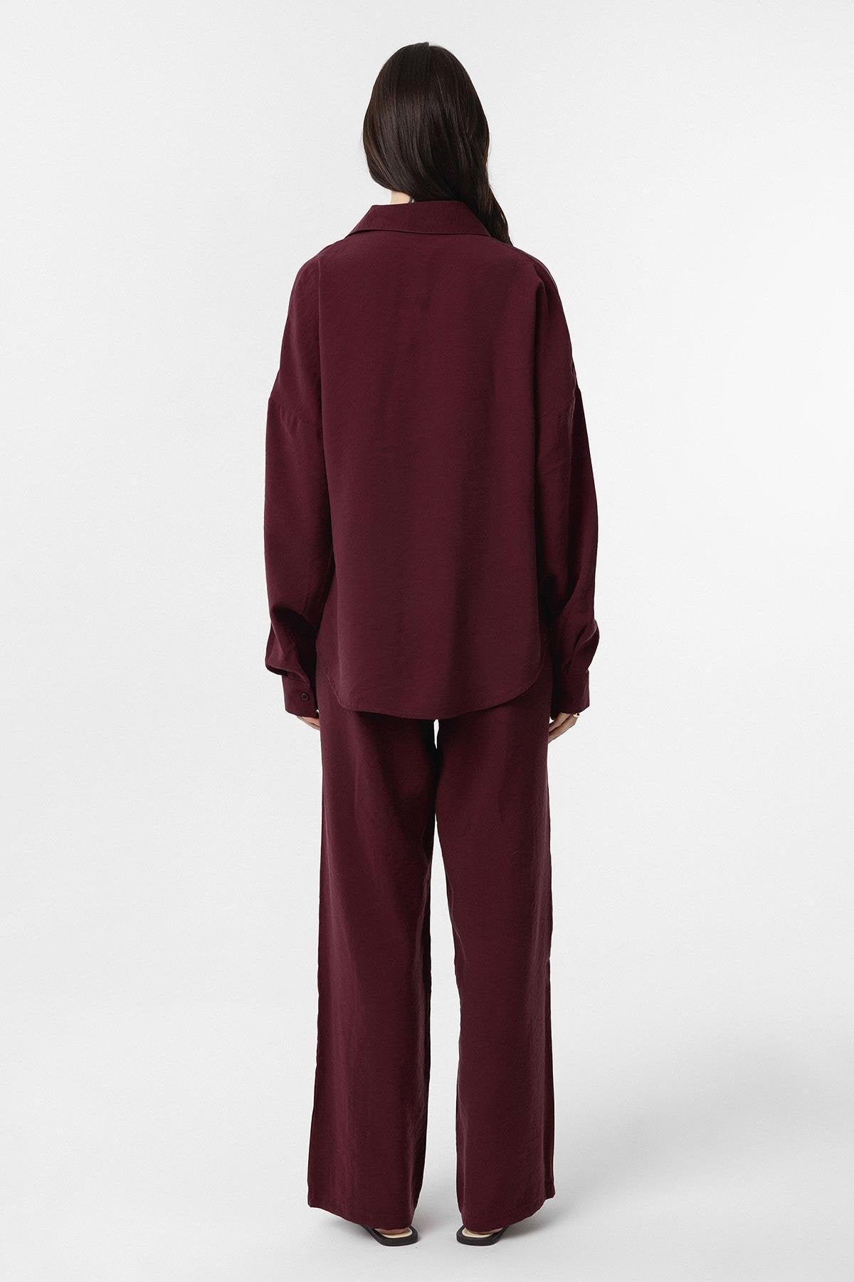 Antioch-Bordo Modal Kadın Gömlek Pantolon Takım-Alt - Üst Takım-4-Milagron.com