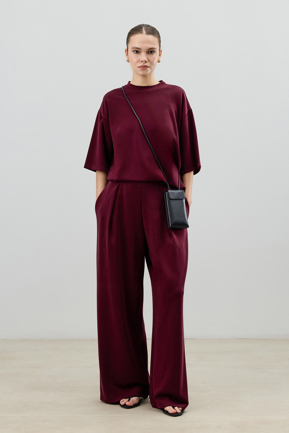Antioch Bordo Modal Karışımlı T-Shirt Pantolon Kadın Takım