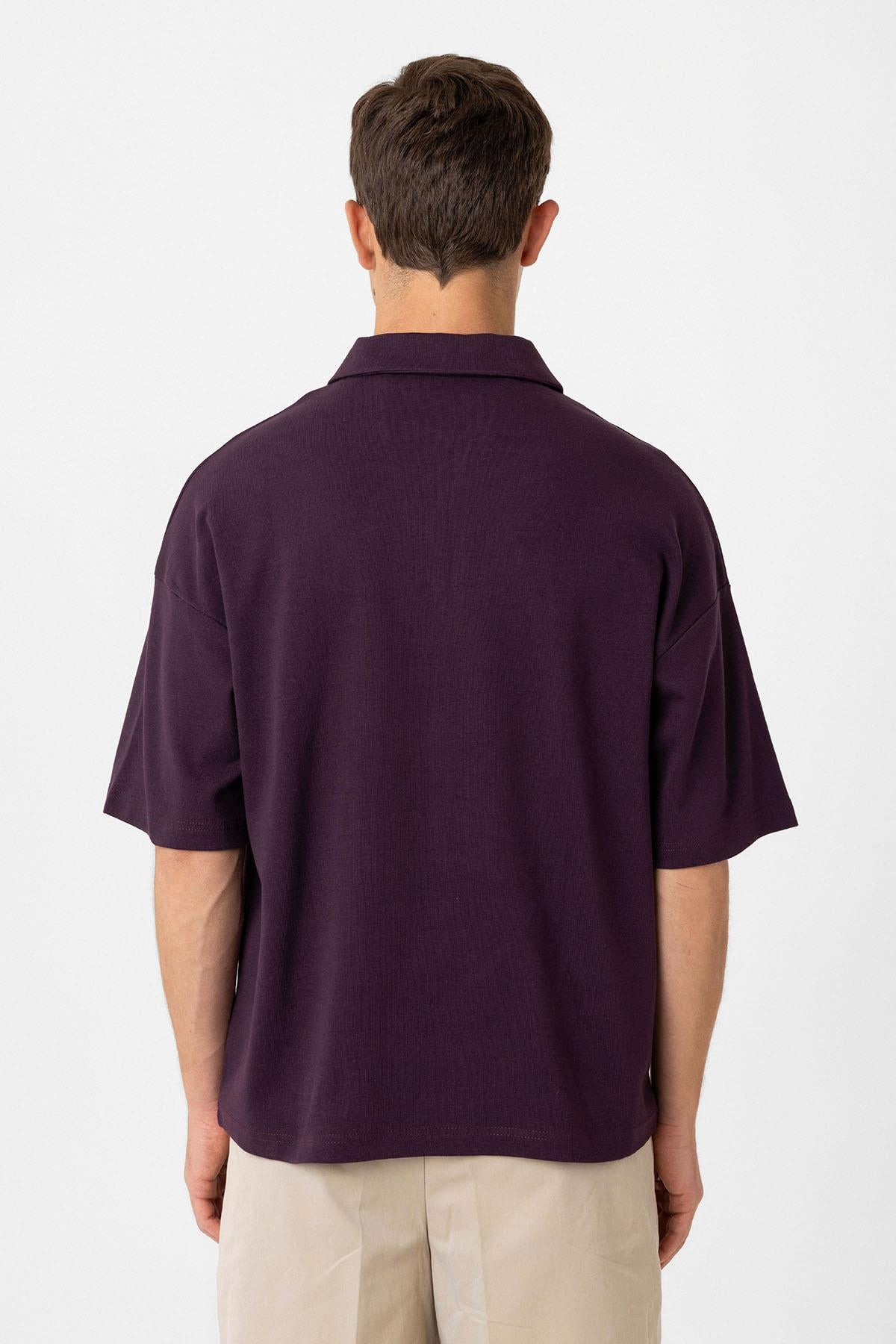Antioch-Bordo Oversize Polo Yaka Fermuarlı Erkek T Shirt-T-Shirts-4-Milagron.com