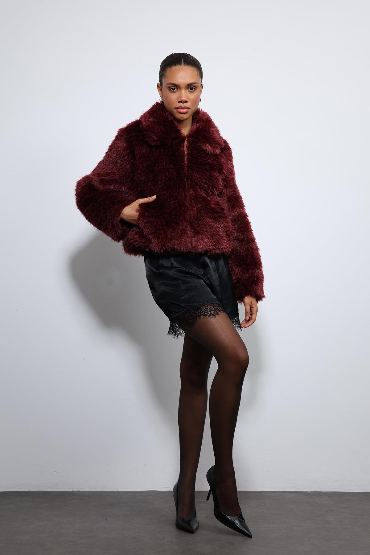 Antioch-Bordo Peluş Görünümlü Mont-Mont-2-Milagron.com