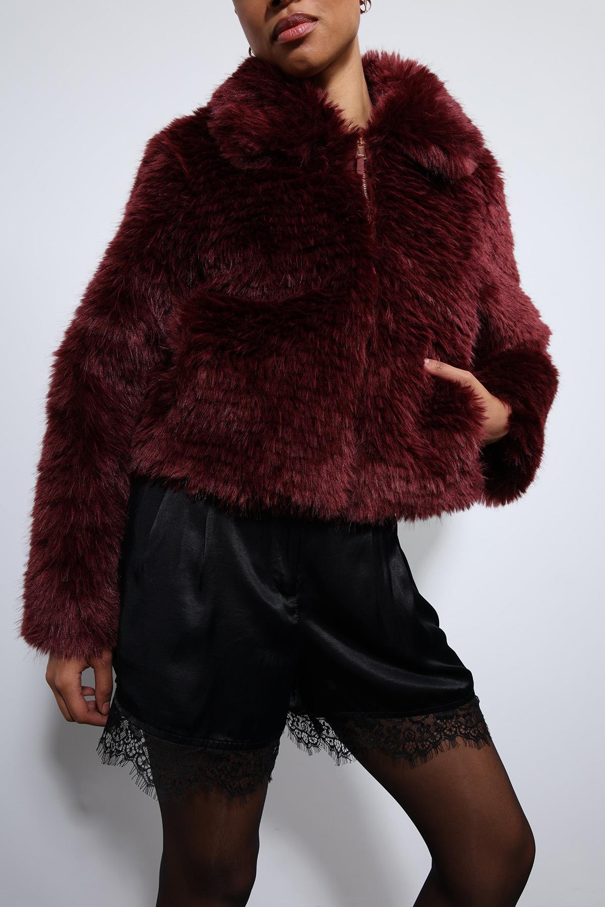 Antioch-Bordo Peluş Görünümlü Mont-Mont-6-Milagron.com