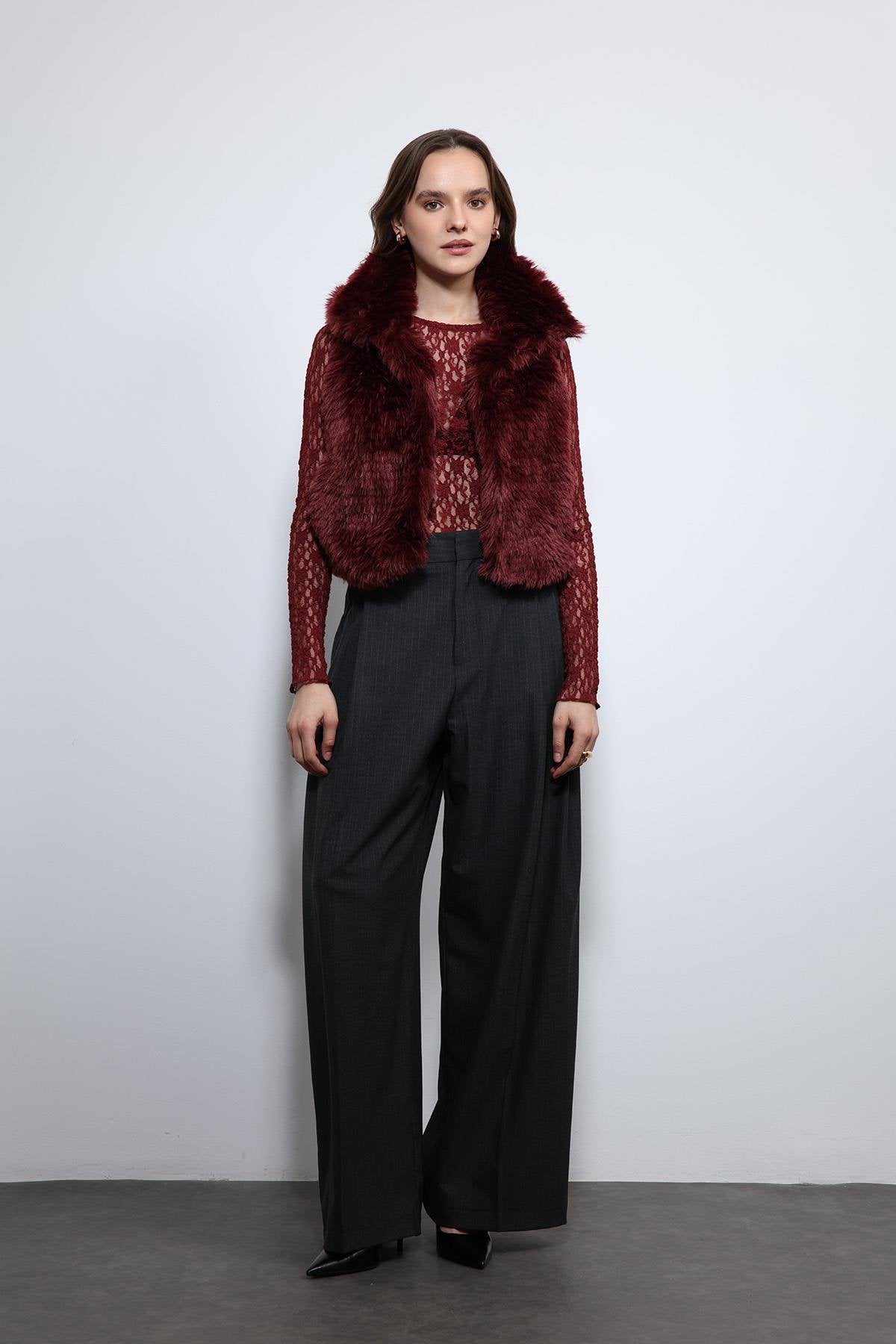 Antioch-Bordo Peluş Görünümlü Yelek-Yelek-1-Milagron.com