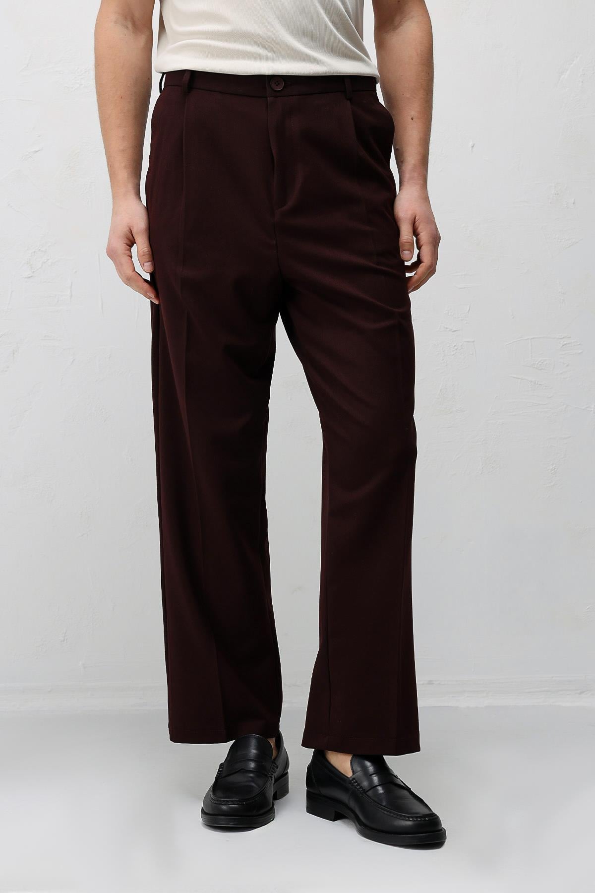 Antioch Bordo Pileli Relaxed Fit Erkek Pantolon