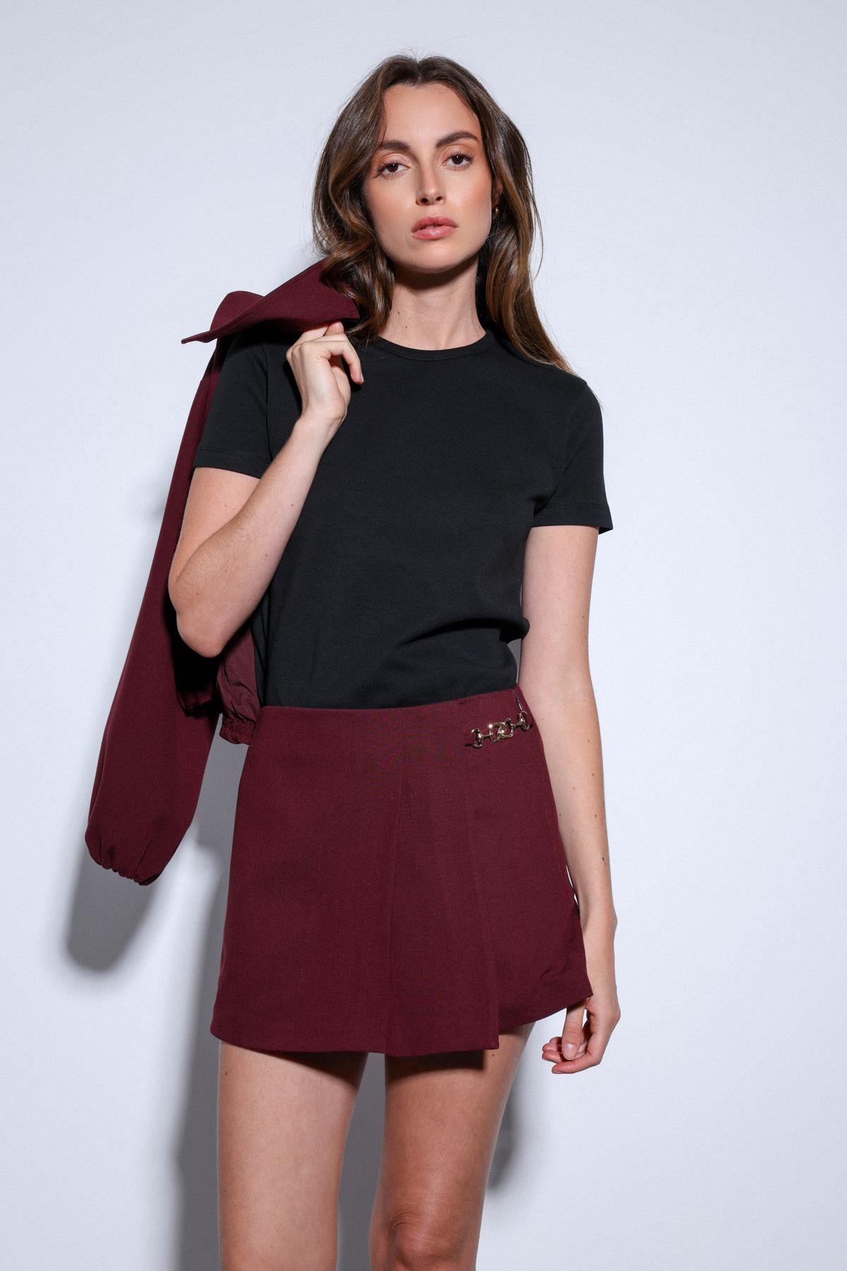 Antioch-Bordo Pileli Zincir Detaylı şort Etek-Etek-7-Milagron.com