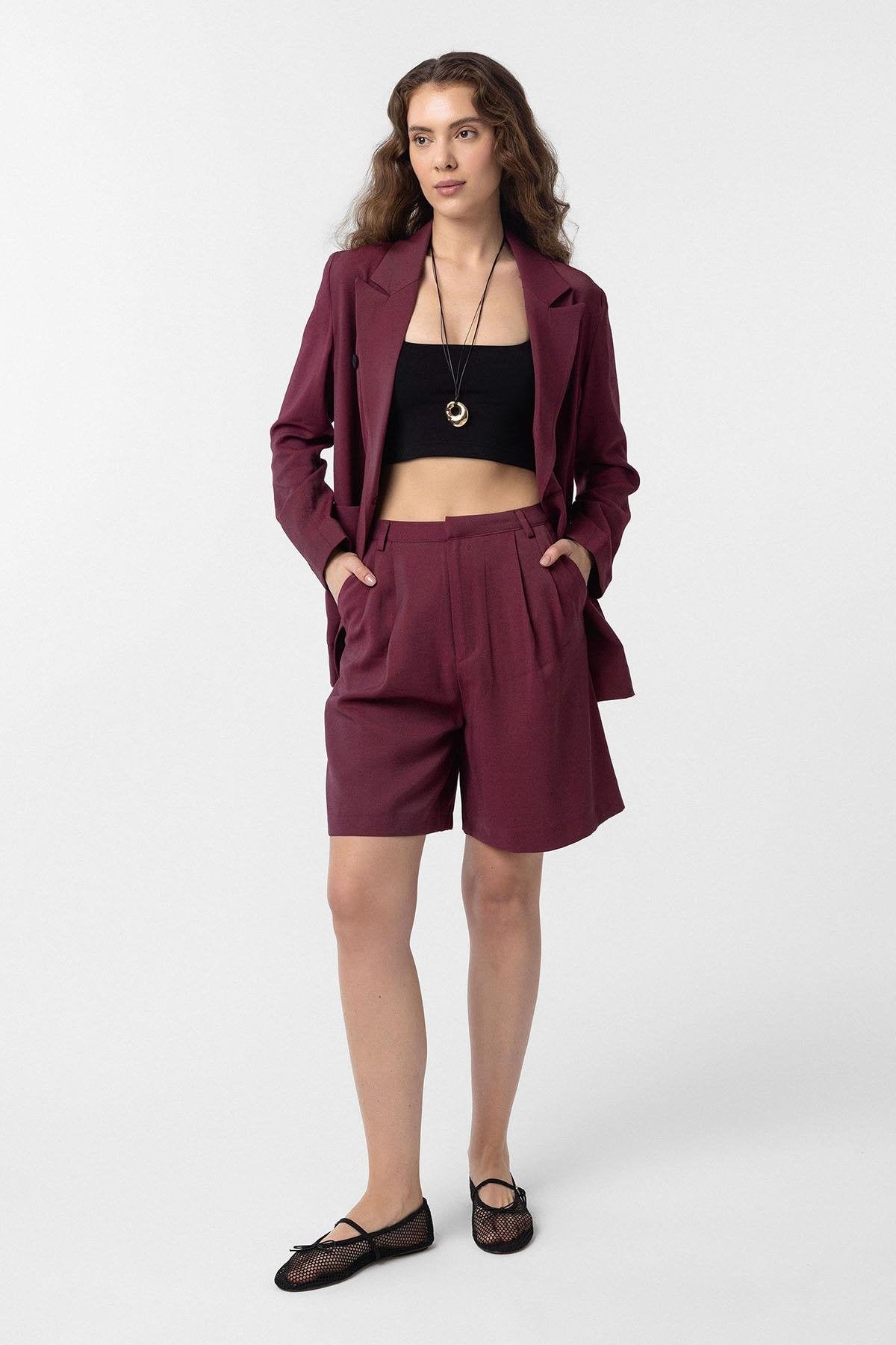 Antioch-Bordo Pilili Kadın Bermuda Şort-Kumaş Pantolon-2-Milagron.com