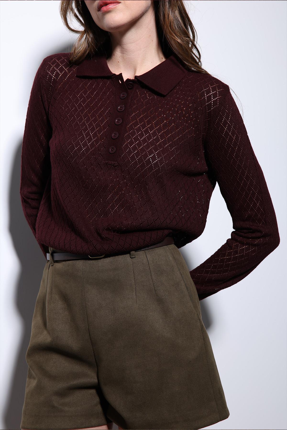 Antioch-Bordo Polo Yaka Desenli Triko Kadın Kazak-Kazak-5-Milagron.com