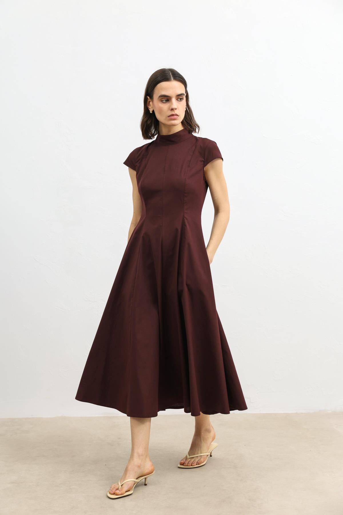Antioch Bordo Poplin Kadın Midi Elbise