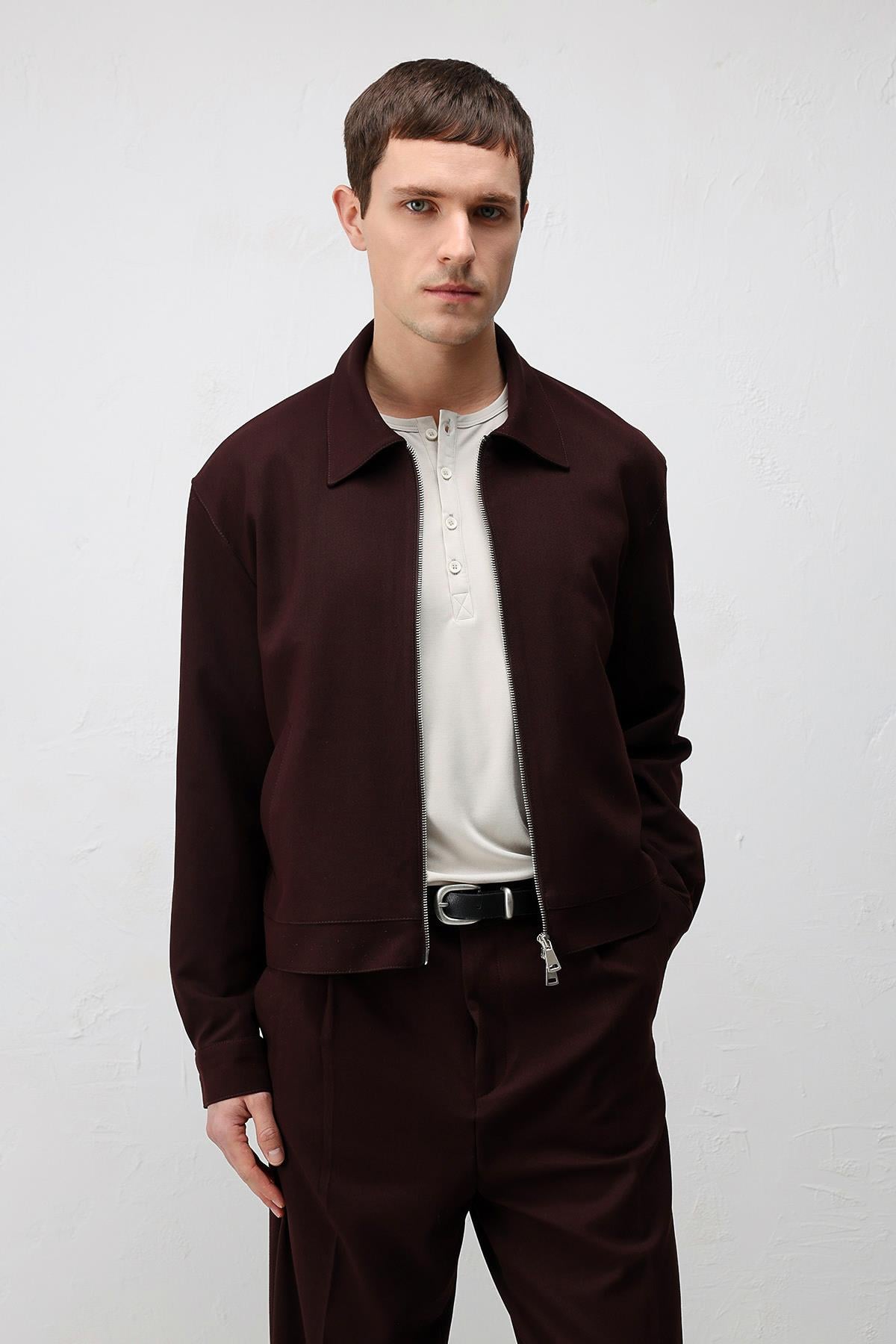 Antioch Bordo Relaxed Fit Fermuarlı Erkek Mont