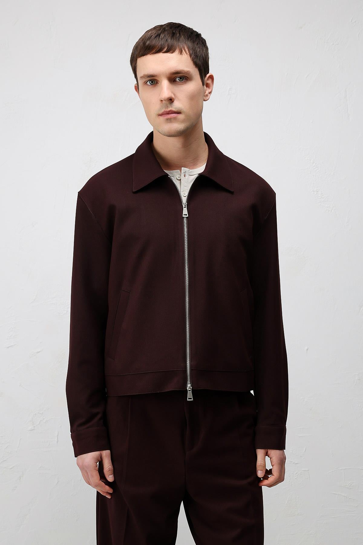Antioch Bordo Relaxed Fit Fermuarlı Erkek Mont