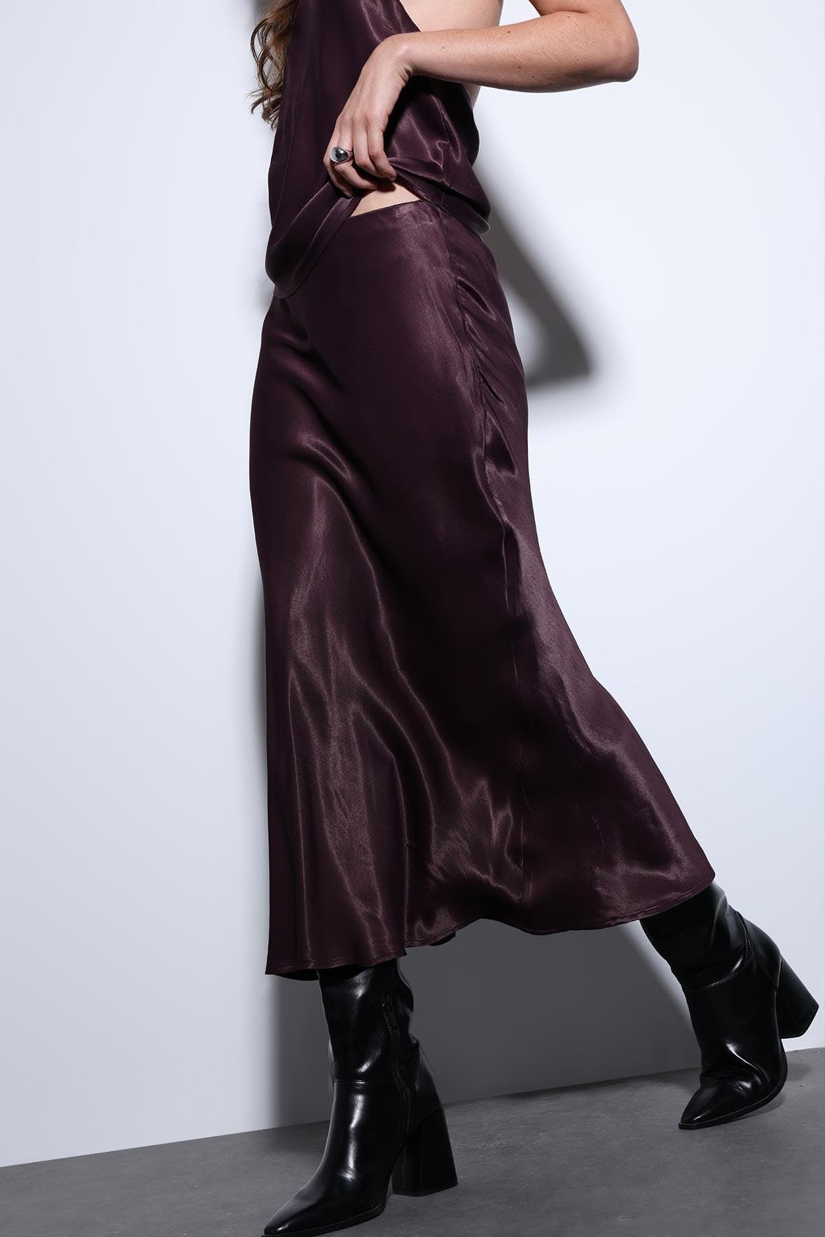 Antioch-Bordo Saten Midi Etek-Etek-3-Milagron.com
