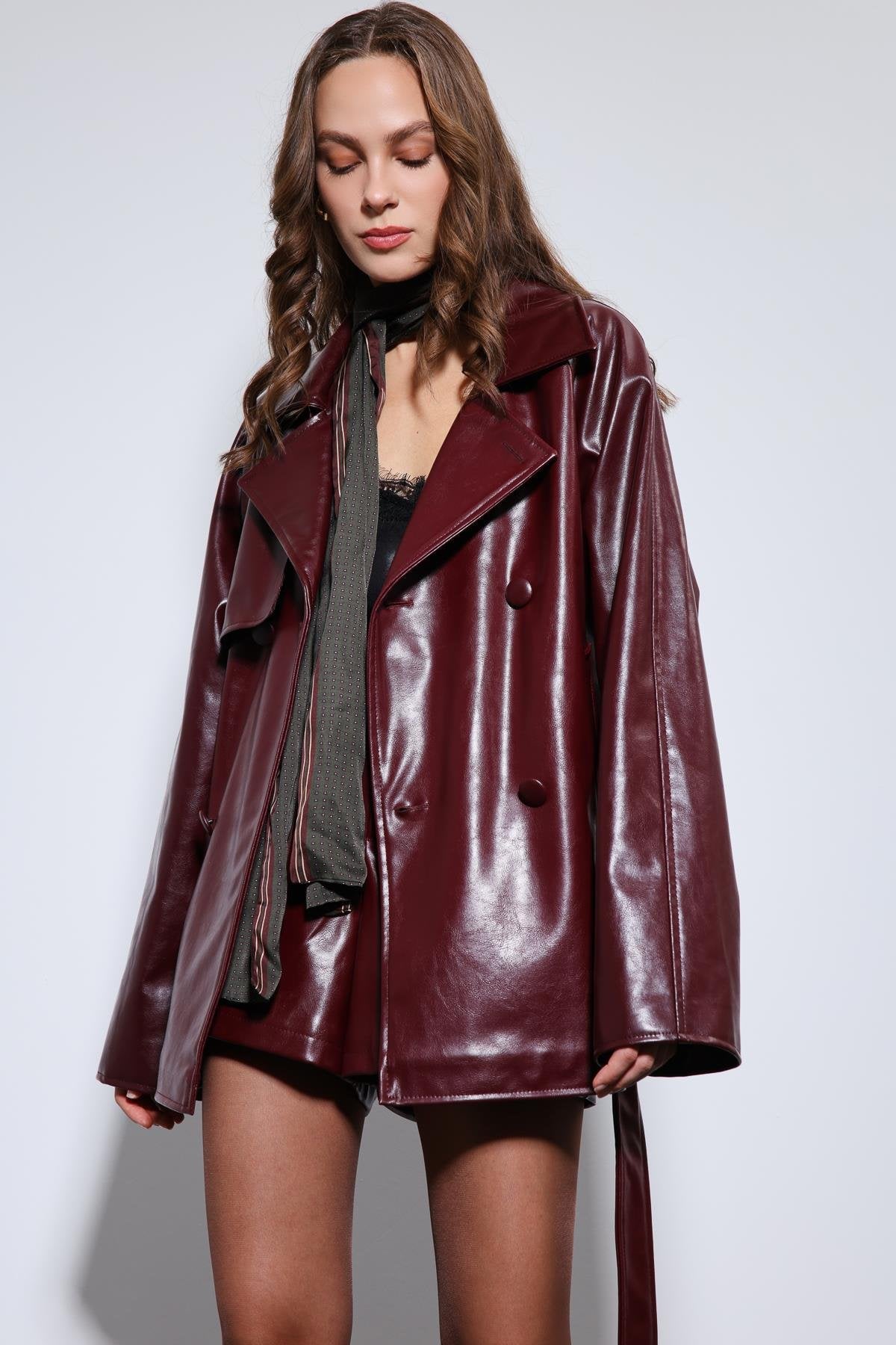 Antioch-Bordo Suni Deri Kemerli Trençkot-Trençkot-6-Milagron.com