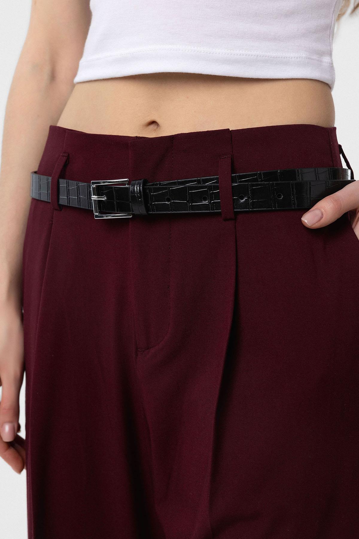 Antioch-Bordo Yüksek Bel Pilili Kadın Pantolon-Kumaş Pantolon-3-Milagron.com