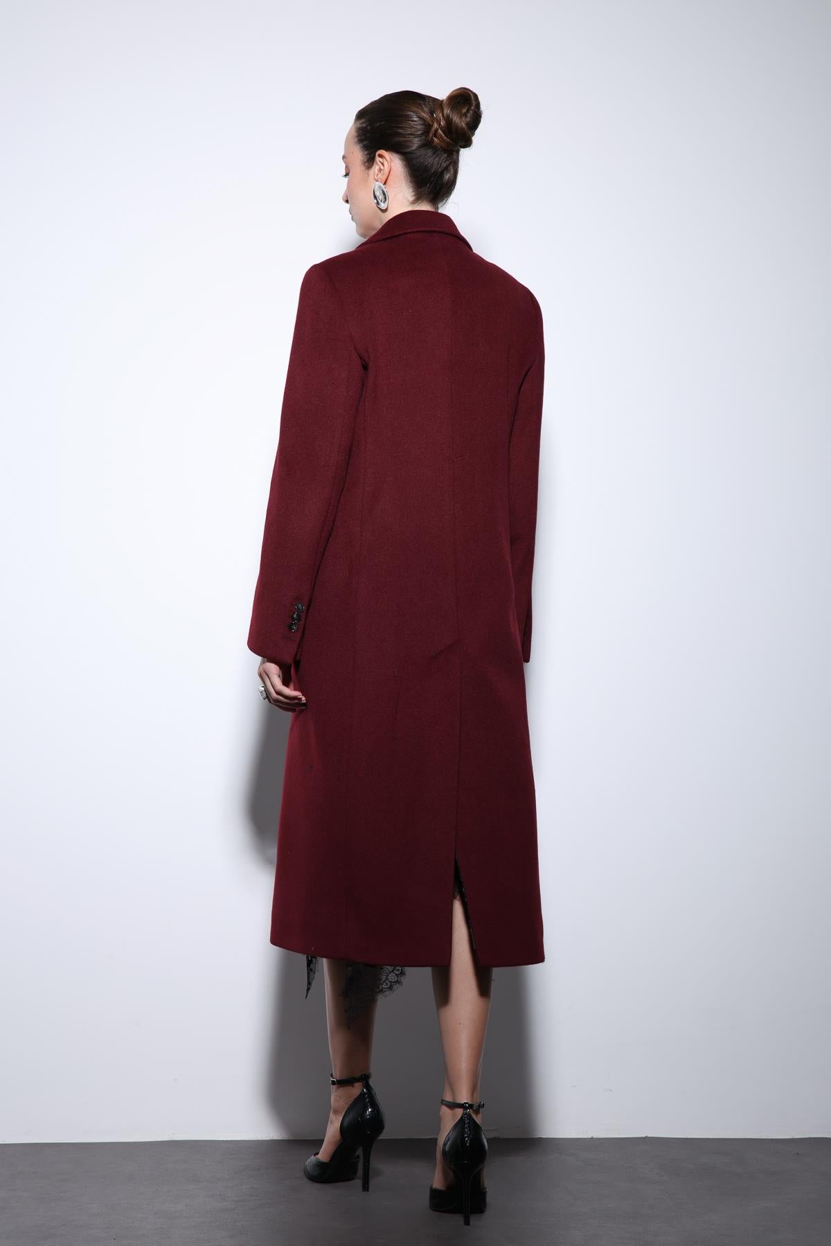 Antioch-Bordo Yün Karışımlı Kruvaze Kadın Kaban-Kaban-8-Milagron.com
