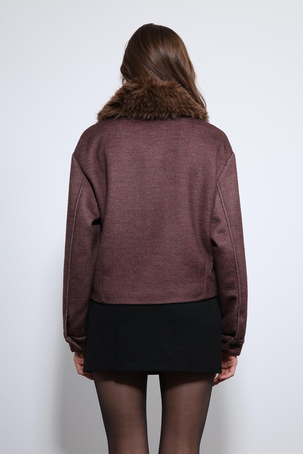 Antioch-Bordo Yün Karışımlı Suni Kürk Yaka Ceket-Ceket-11-Milagron.com