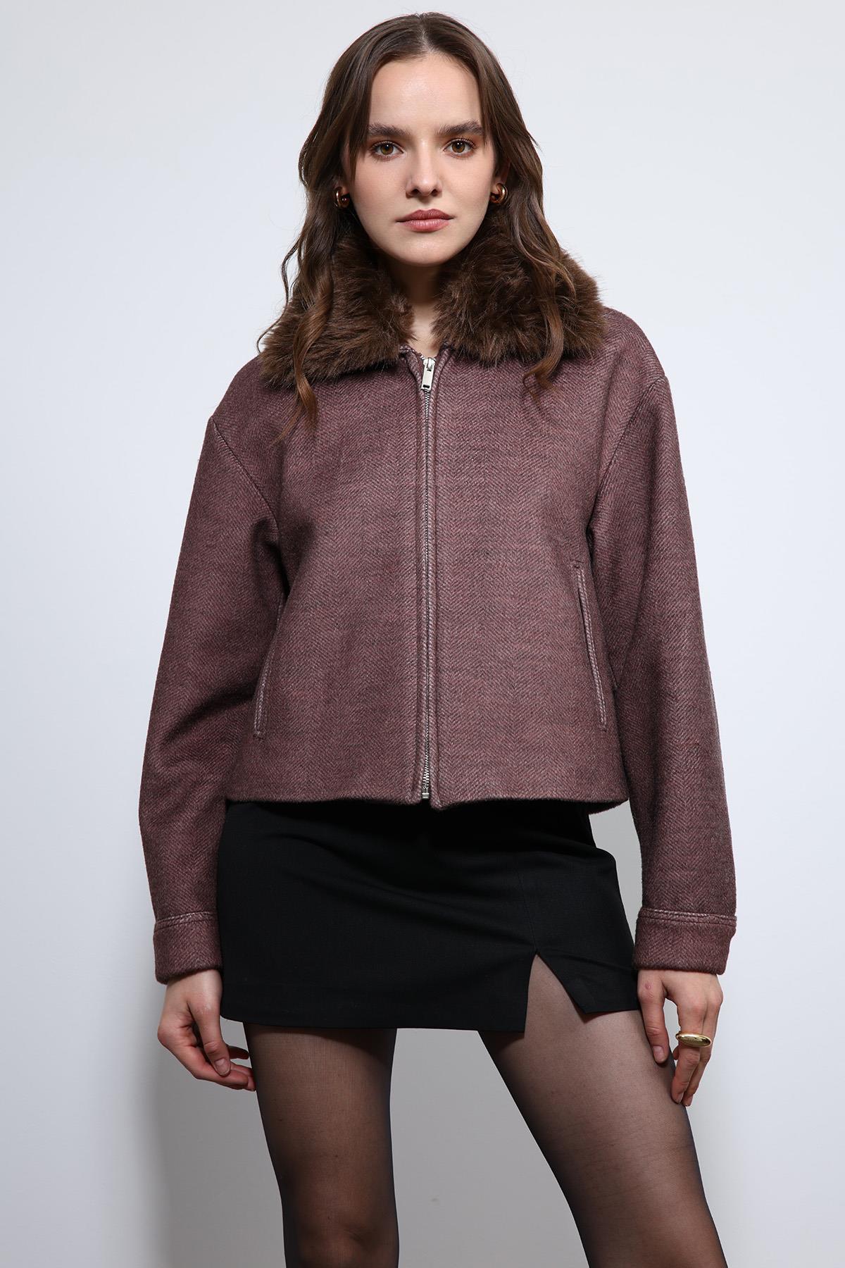 Antioch-Bordo Yün Karışımlı Suni Kürk Yaka Ceket-Ceket-5-Milagron.com